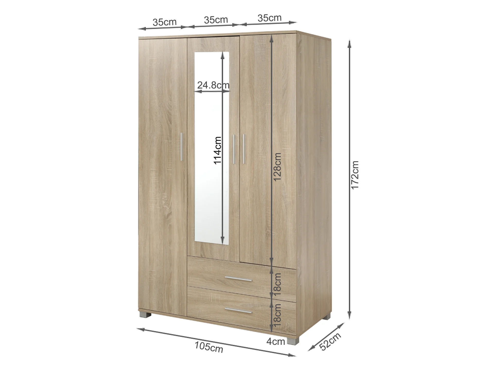 Bram 3 Door Wardrobe Cabinet with Mirror - Oak - Image 9