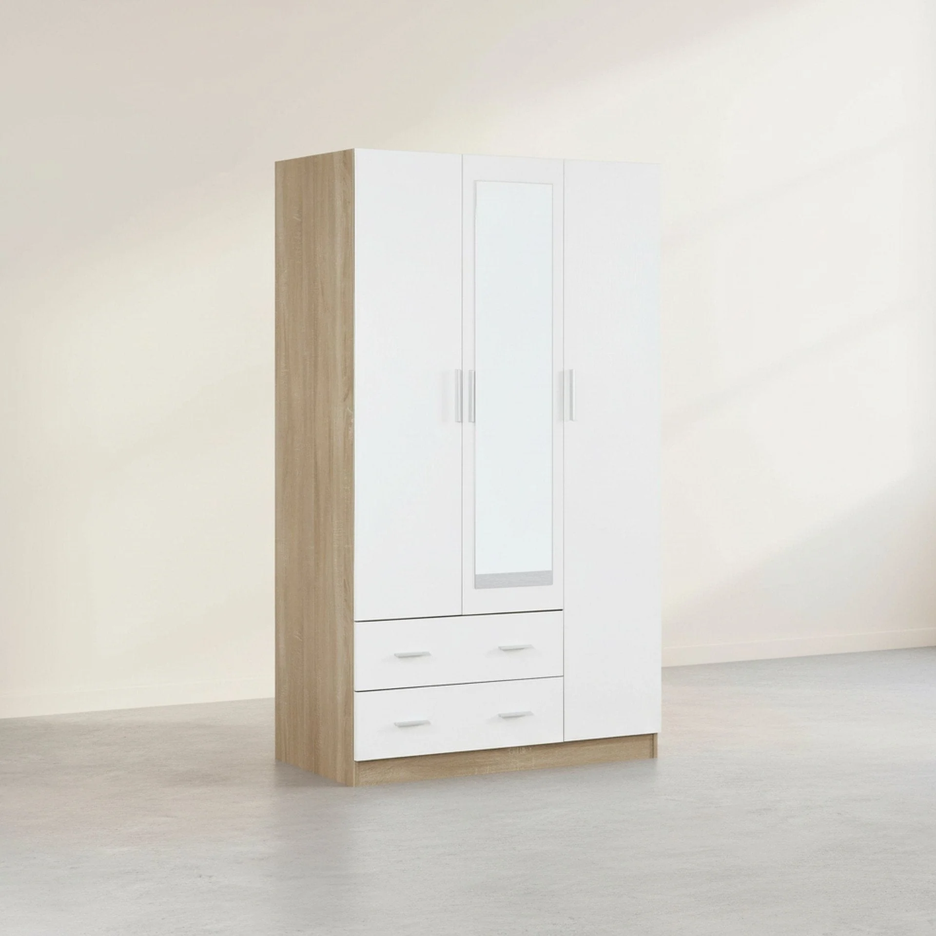 Bram 3 Door Wardrobe Cabinet with Mirror - Oak + White