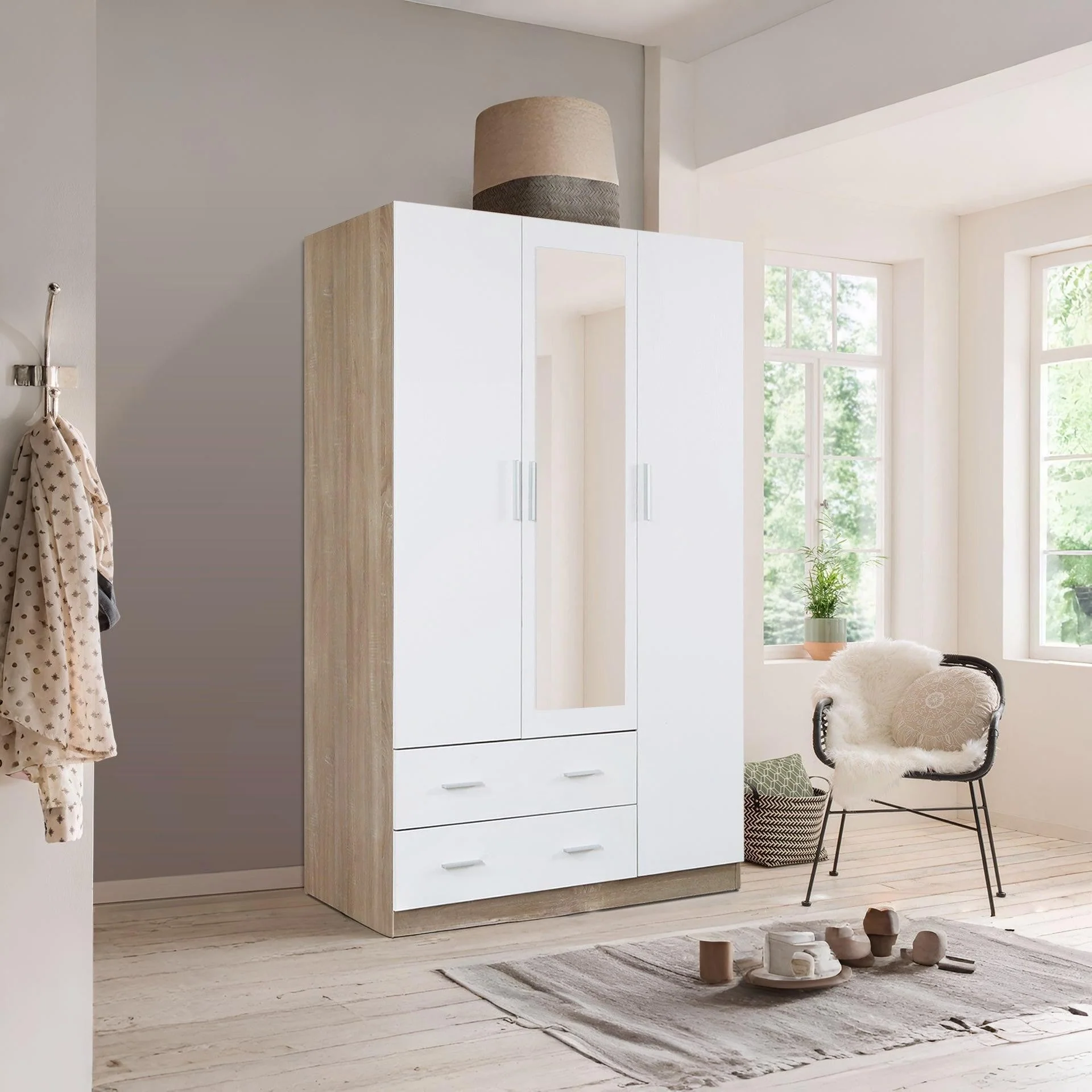 Bram 3 Door Wardrobe Cabinet with Mirror - Oak + White - Image 10