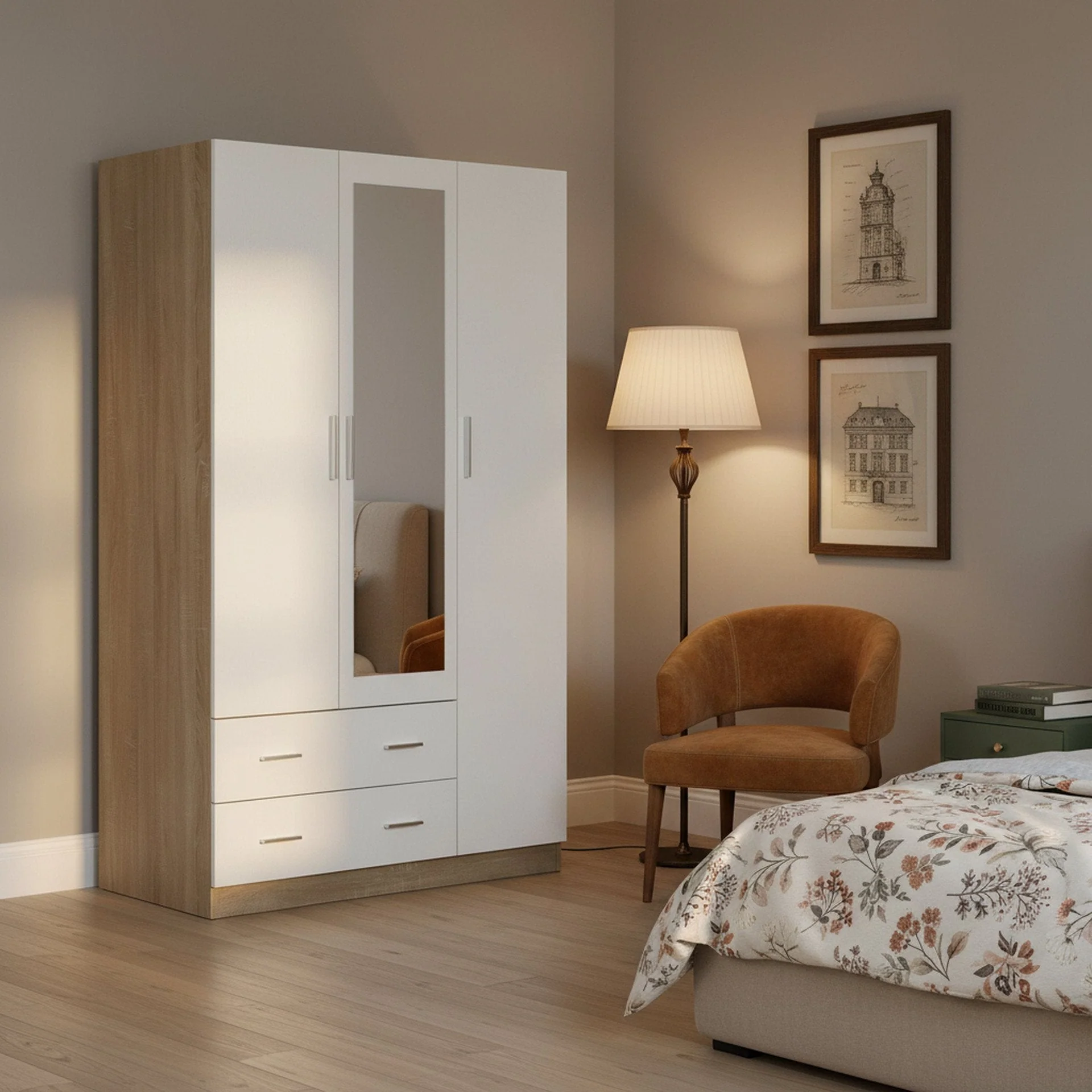Bram 3 Door Wardrobe Cabinet with Mirror - Oak + White - Image 2