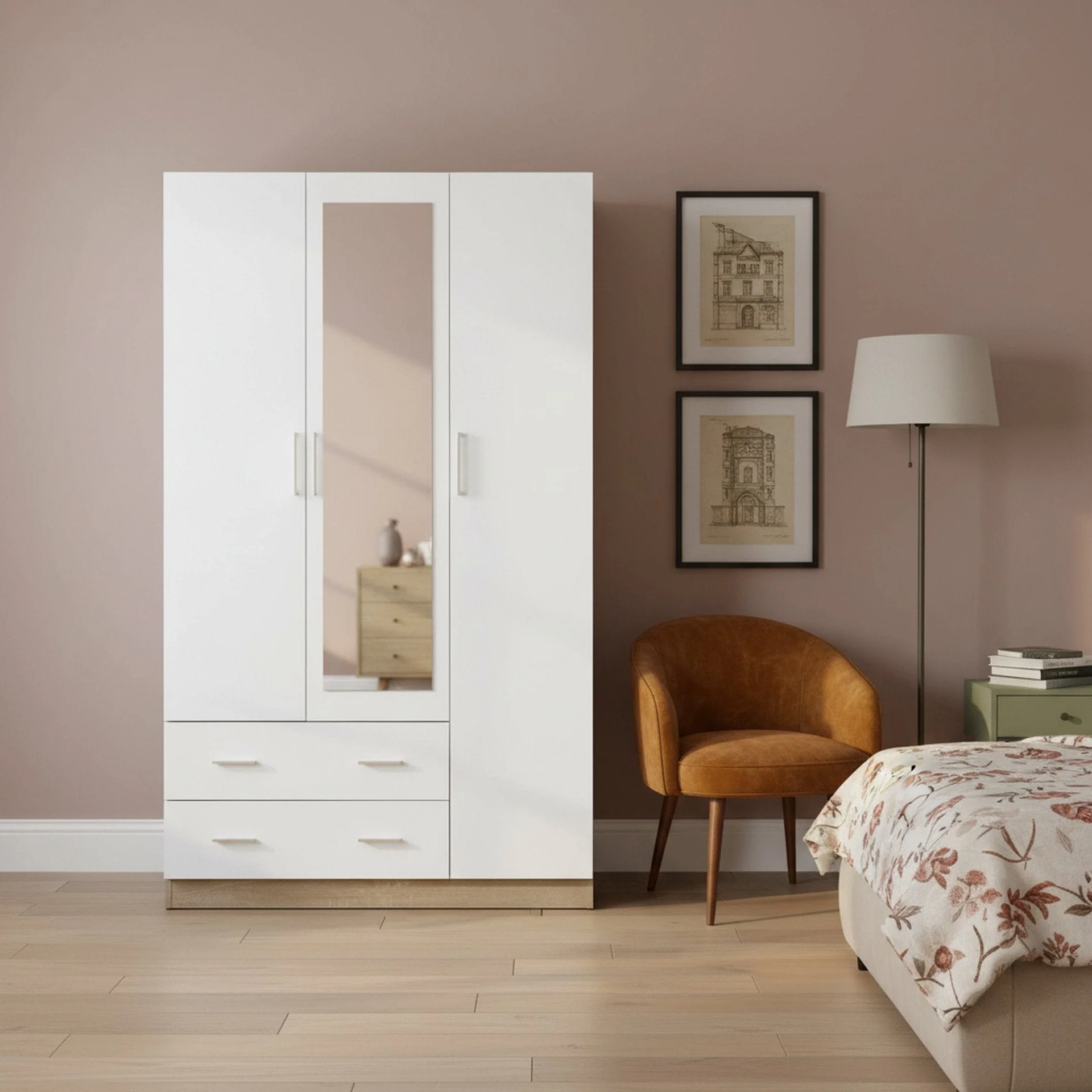 Bram 3 Door Wardrobe Cabinet with Mirror - Oak + White - Image 3