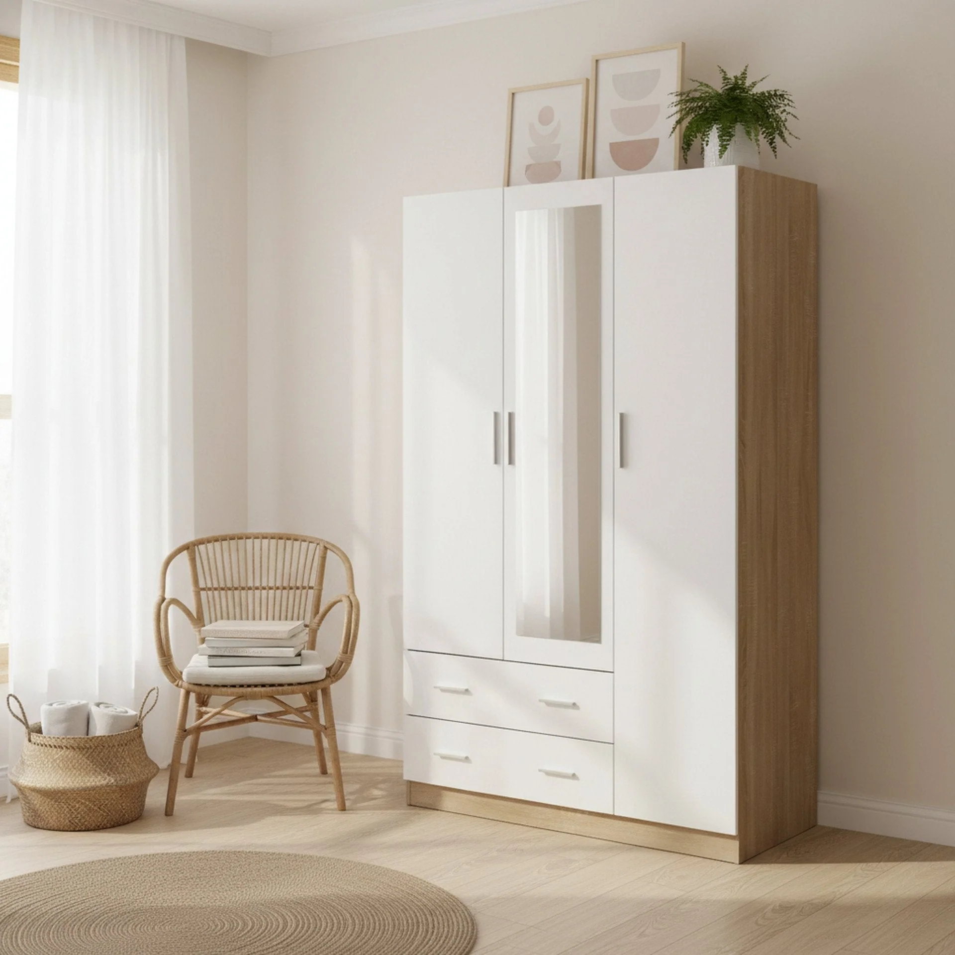 Bram 3 Door Wardrobe Cabinet with Mirror - Oak + White - Image 4