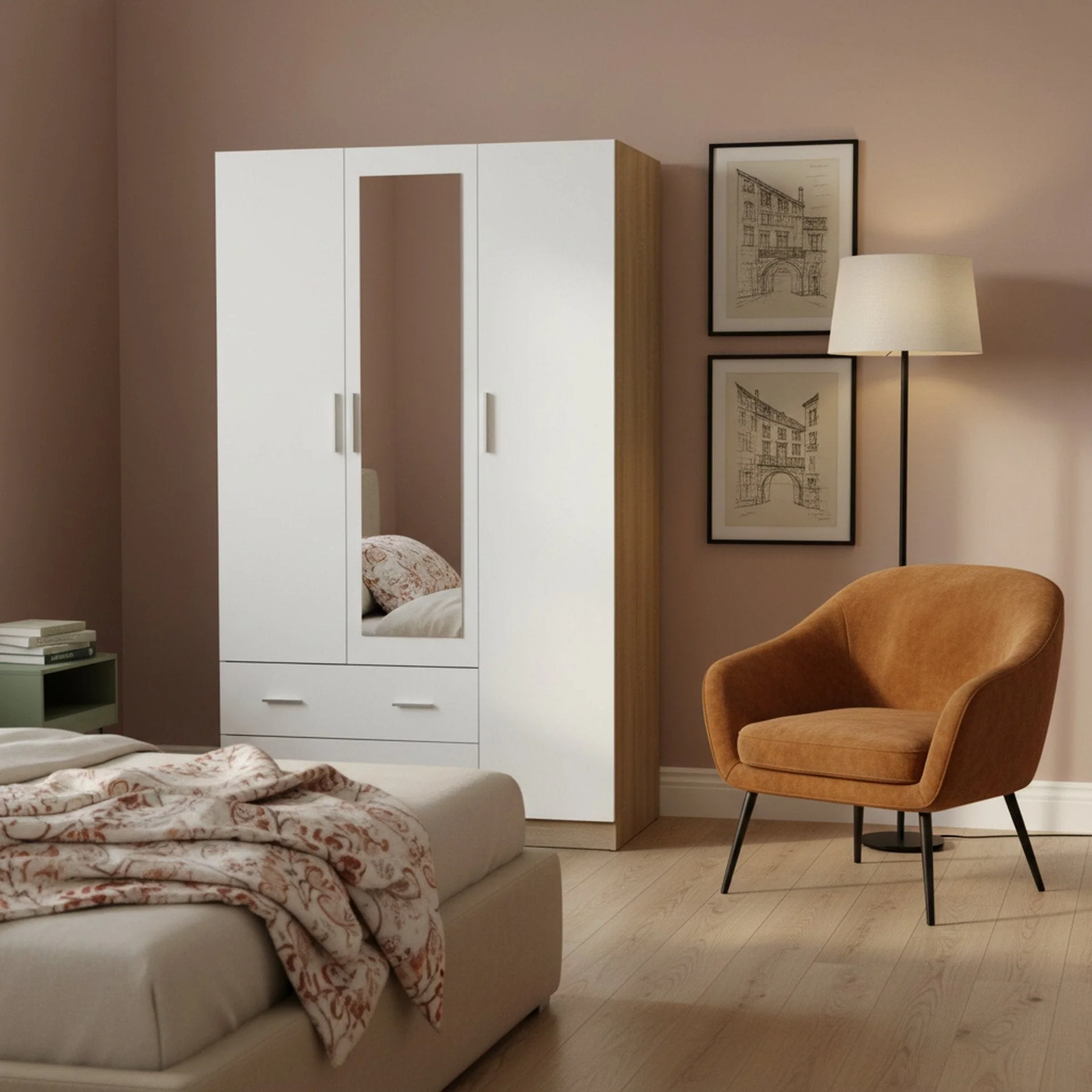 Bram 3 Door Wardrobe Cabinet with Mirror - Oak + White - Image 5