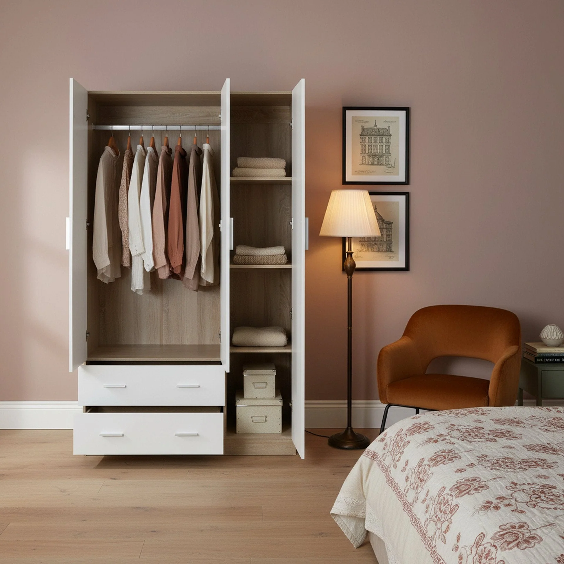 Bram 3 Door Wardrobe Cabinet with Mirror - Oak + White - Image 6