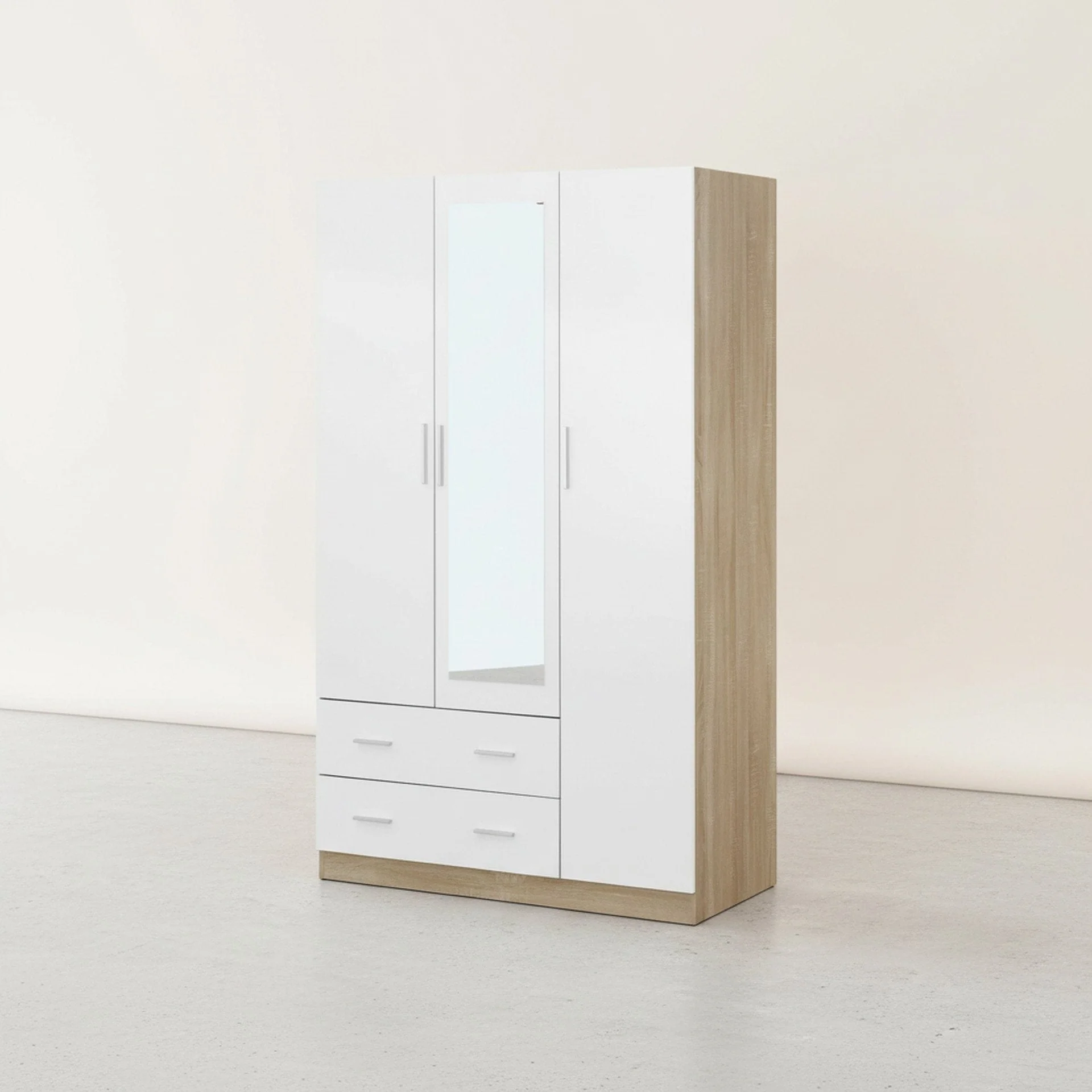 Bram 3 Door Wardrobe Cabinet with Mirror - Oak + White - Image 8