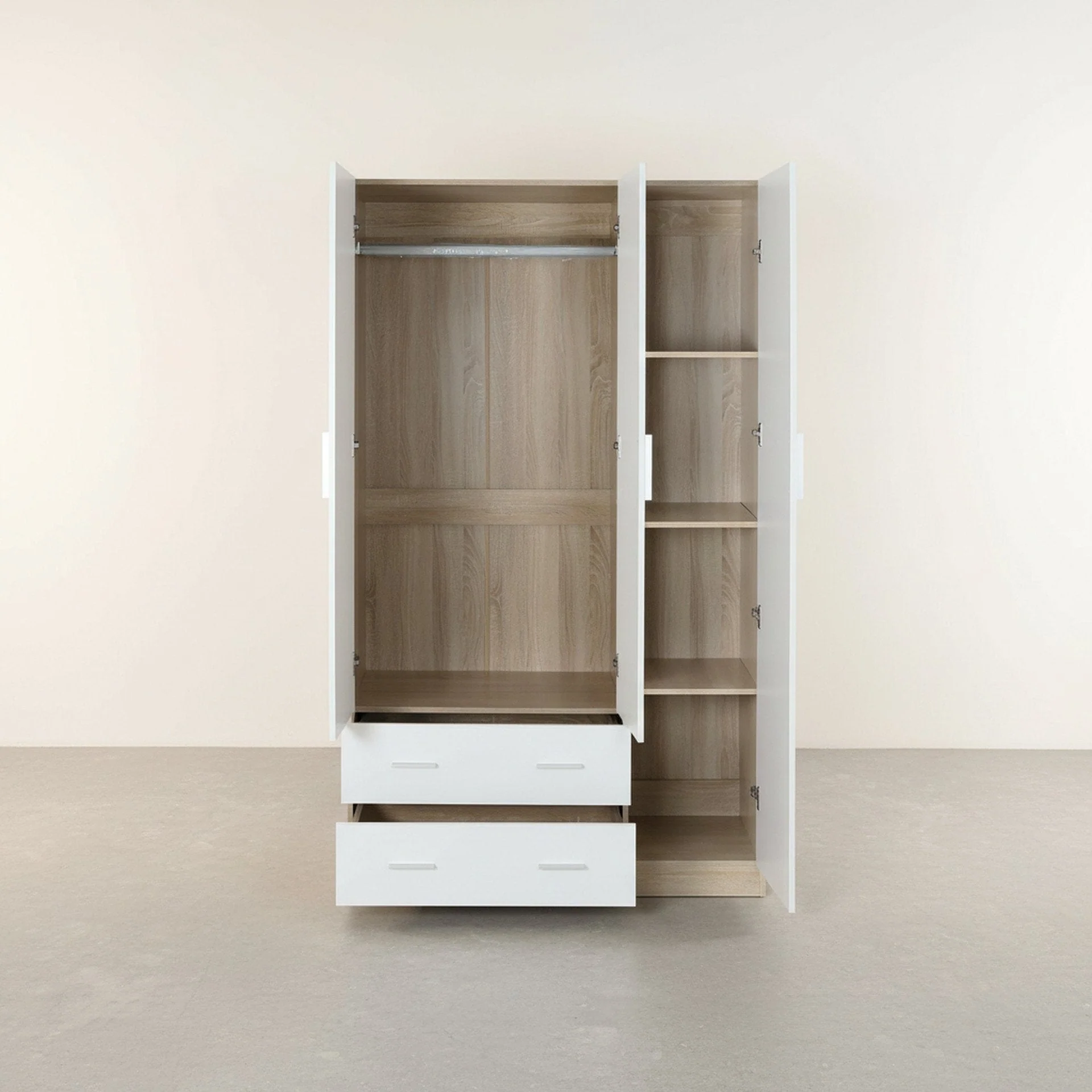 Bram 3 Door Wardrobe Cabinet with Mirror - Oak + White - Image 9