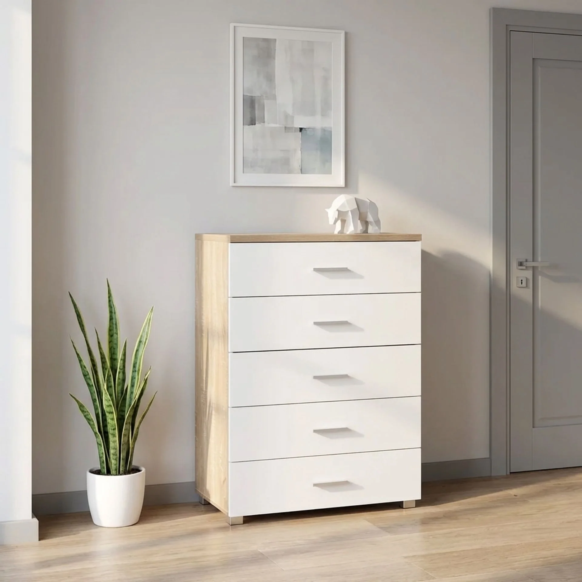 Bram Tallboy 5 Drawer Chest Dresser - Oak + White