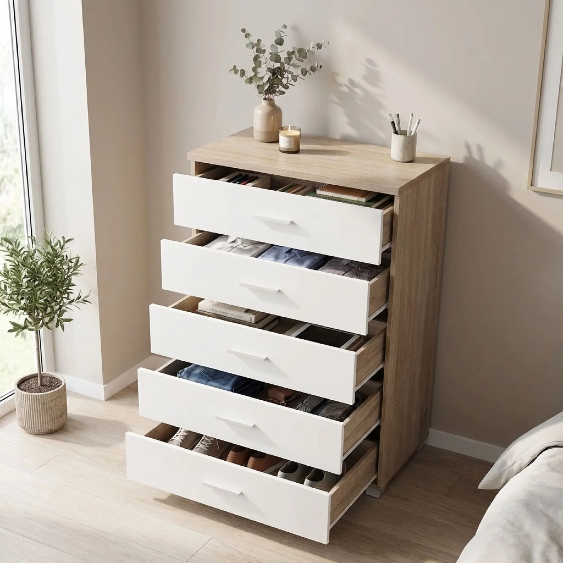 Bram Tallboy 5 Drawer Chest Dresser - Oak + White - Image 2
