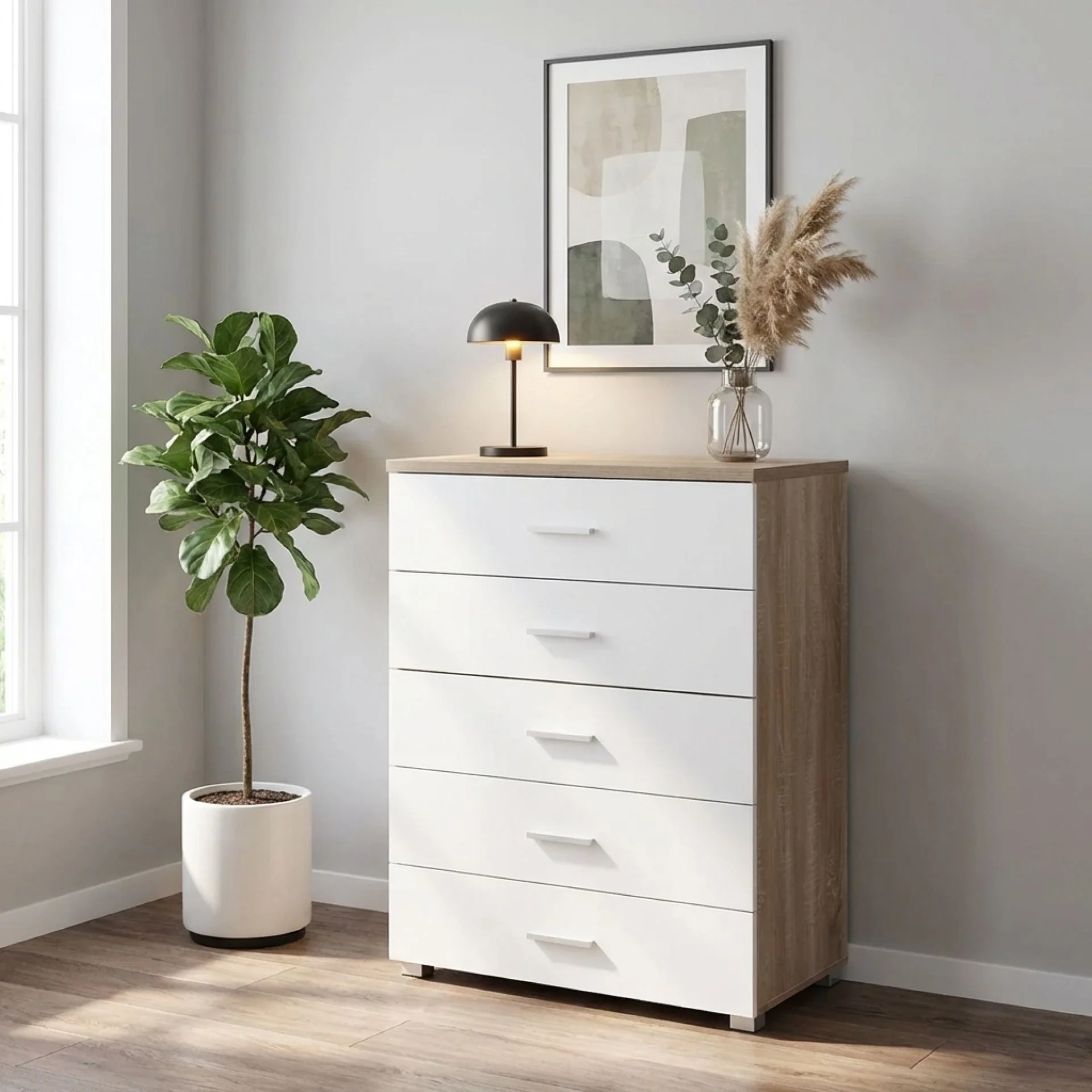 Bram Tallboy 5 Drawer Chest Dresser - Oak + White - Image 3