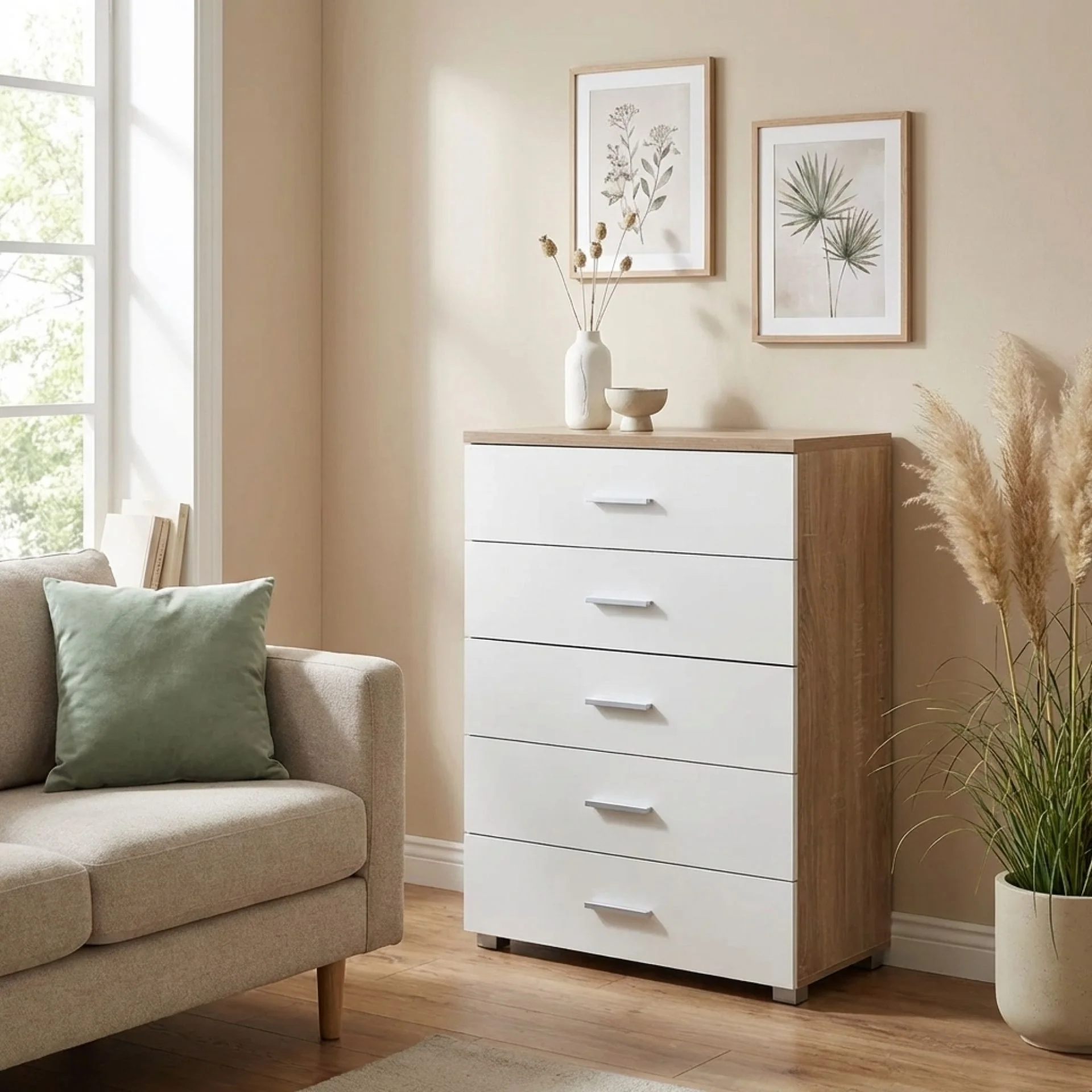 Bram Tallboy 5 Drawer Chest Dresser - Oak + White - Image 5