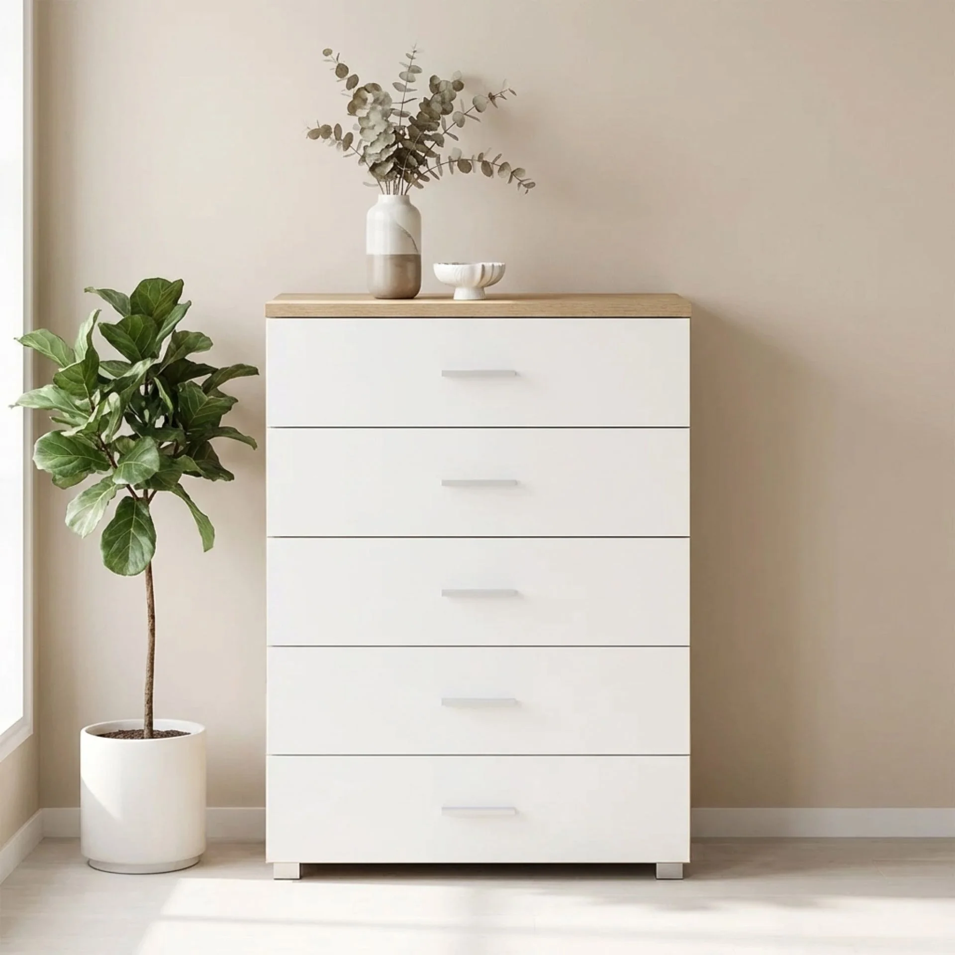 Bram Tallboy 5 Drawer Chest Dresser - Oak + White - Image 6