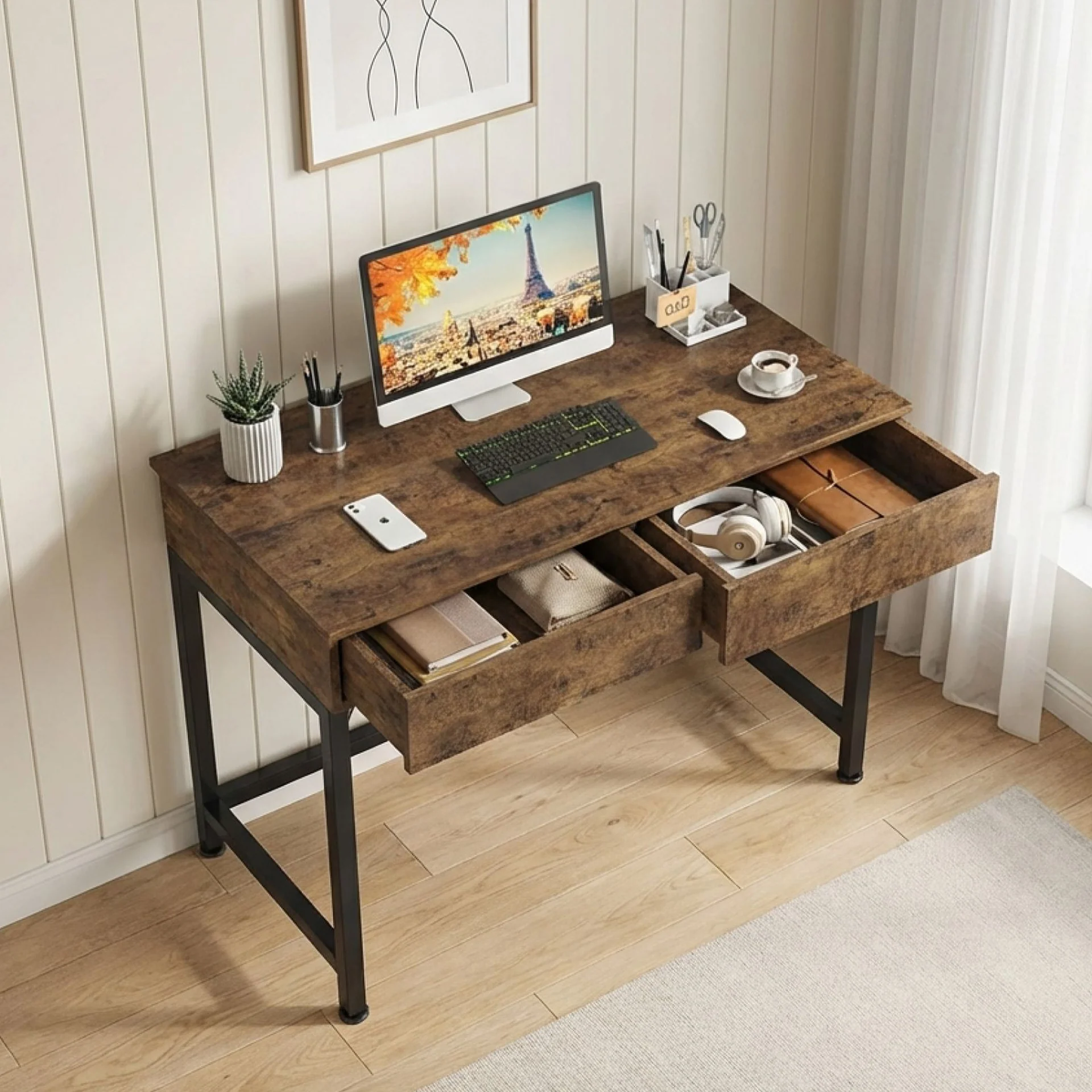 Brooks 100cm Computer Desk with 2 Drawers - Rustic Brown - Image 2