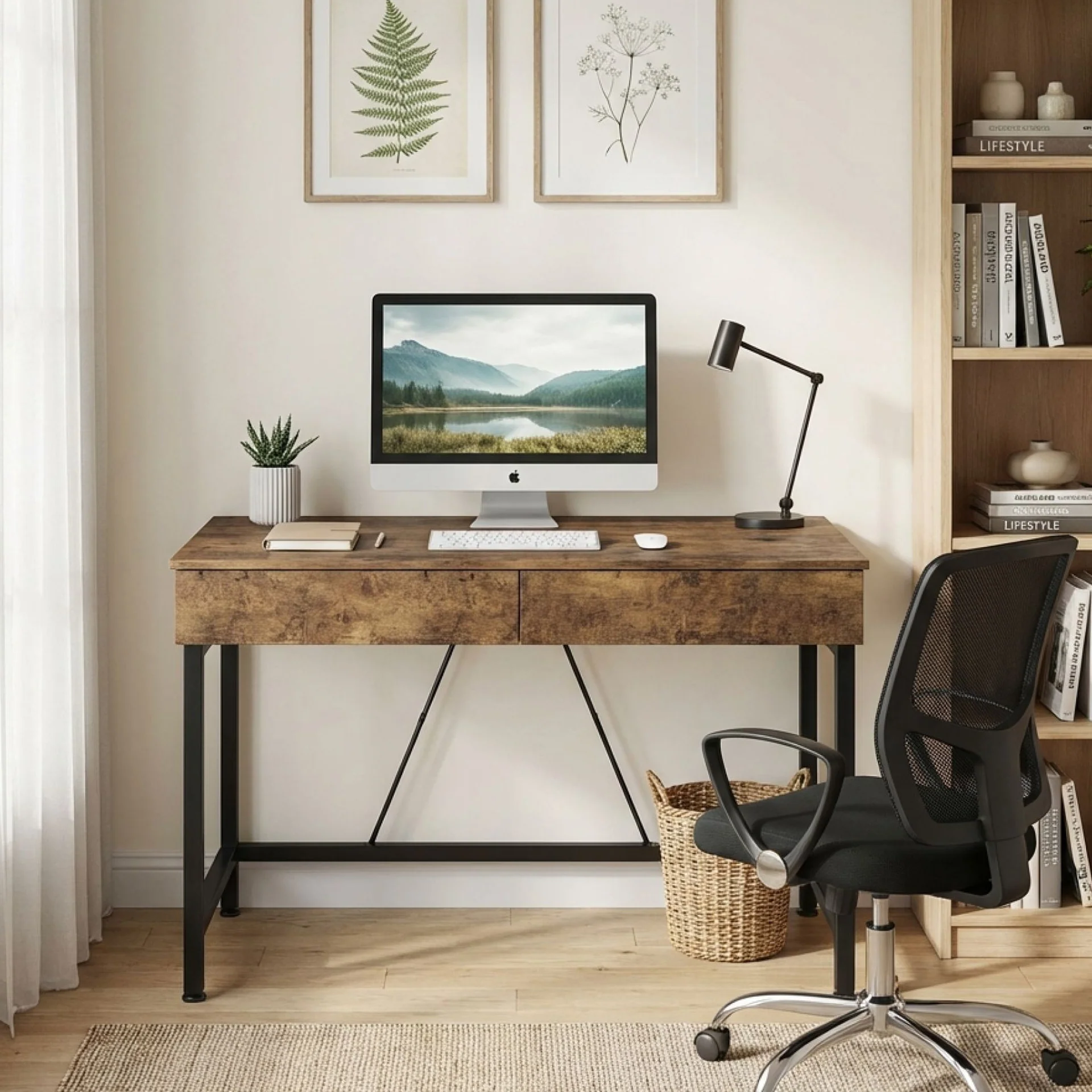 Brooks 100cm Computer Desk with 2 Drawers - Rustic Brown - Image 3