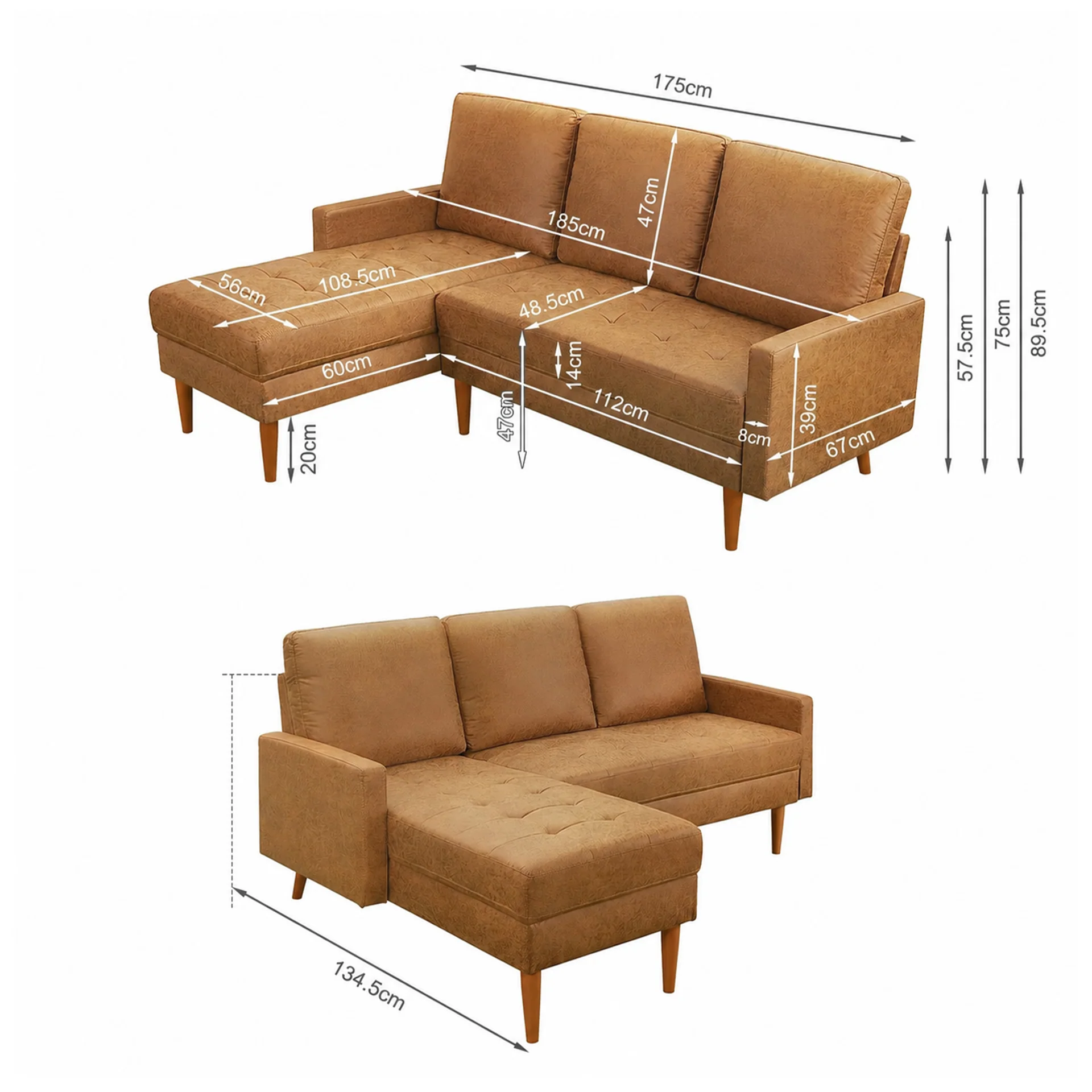Brynlee 3 Seater Sofa with Left Facing Chaise - Brown - Image 15