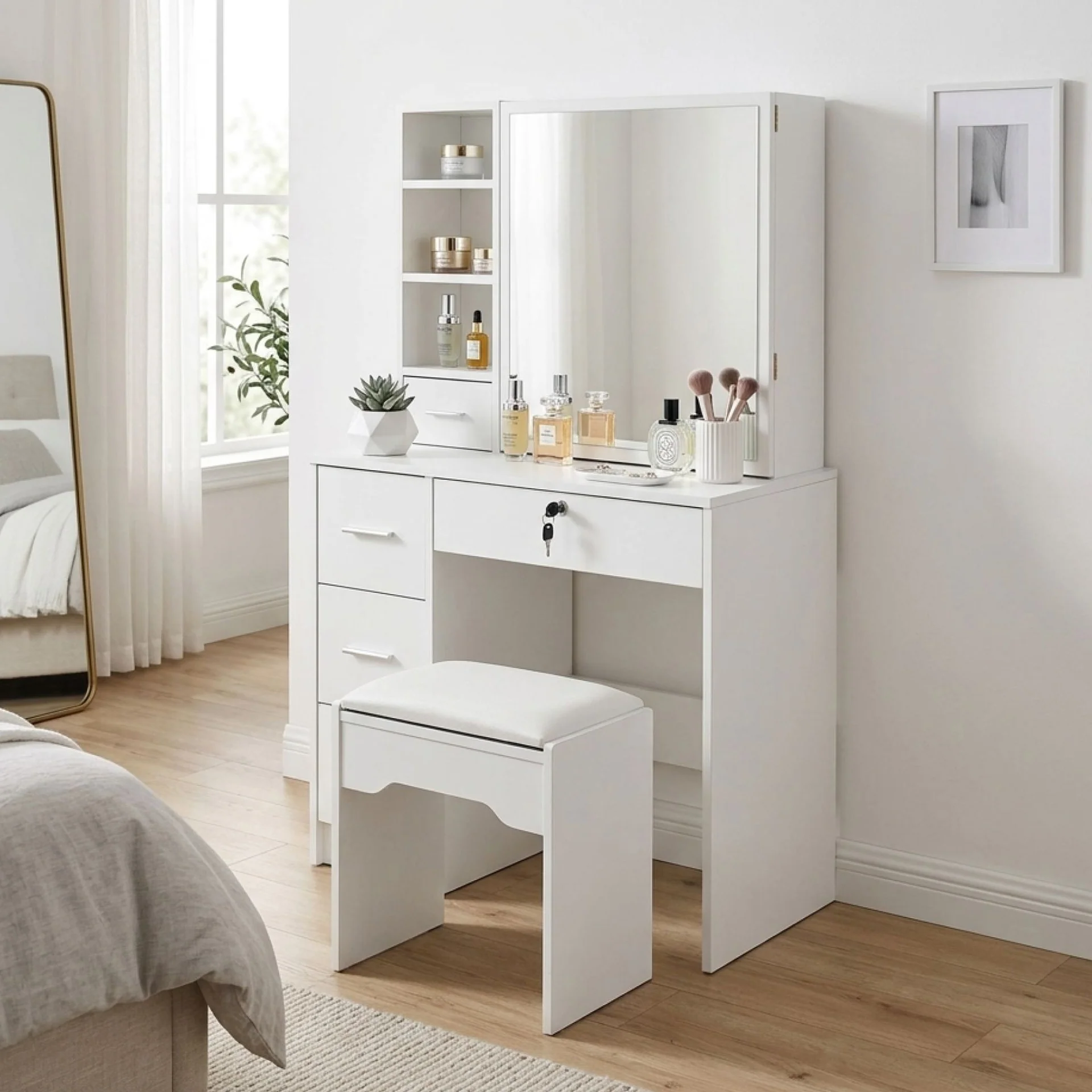 Carnation Dressing Table with Drawers Set 2pcs - White - Image 9