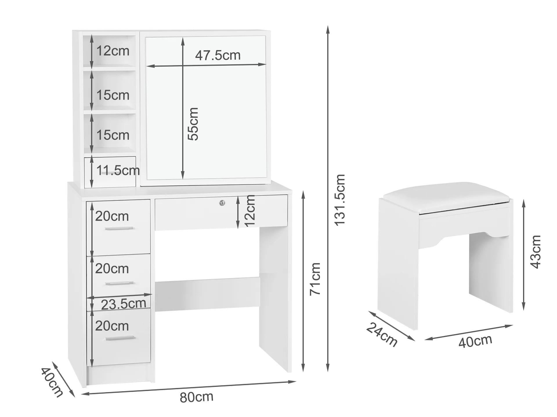 Carnation Dressing Table With Drawers Set 2pcs - White - Image 11