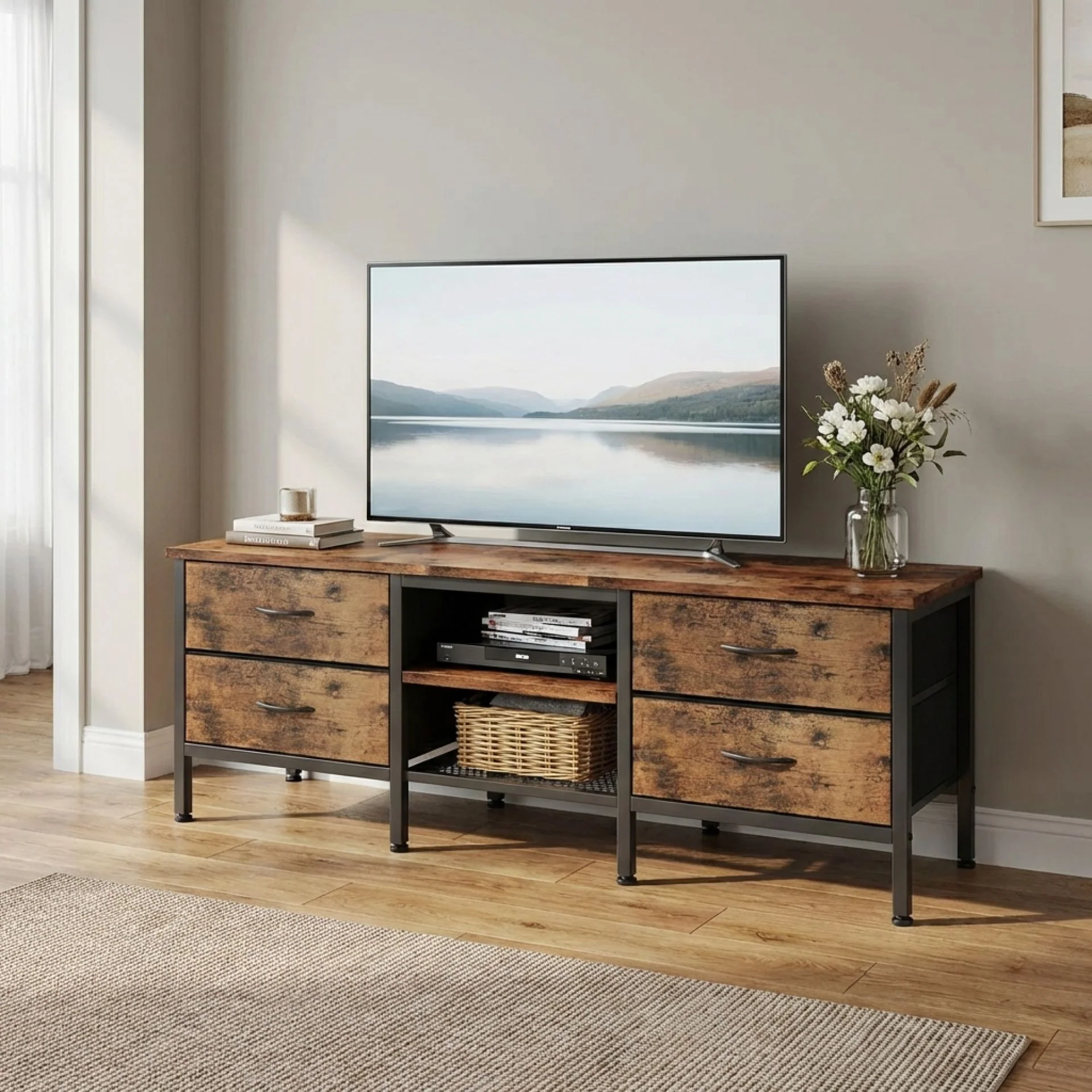 Cavalla 1.4m Entertainment Unit with Drawers - Rustic Brown - Image 4