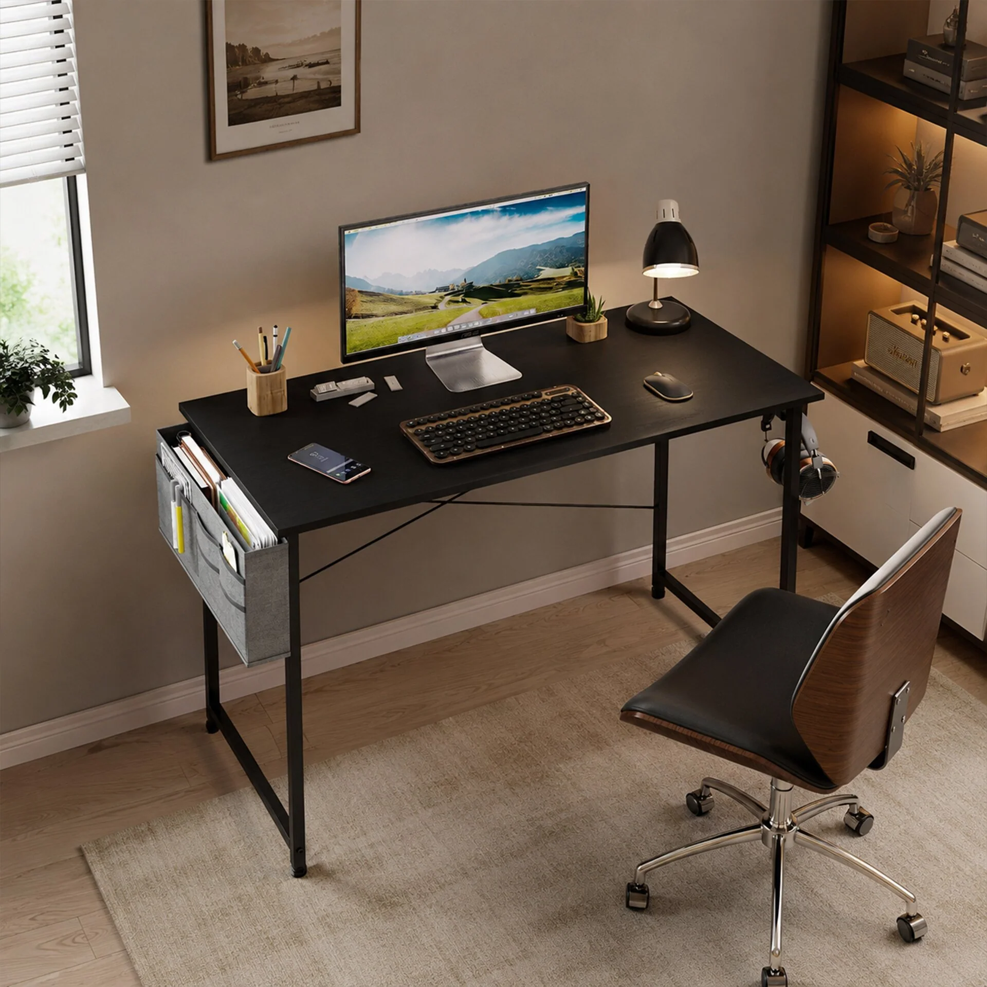 Cayden 100cm Computer Desk with Storage Bag - Black
