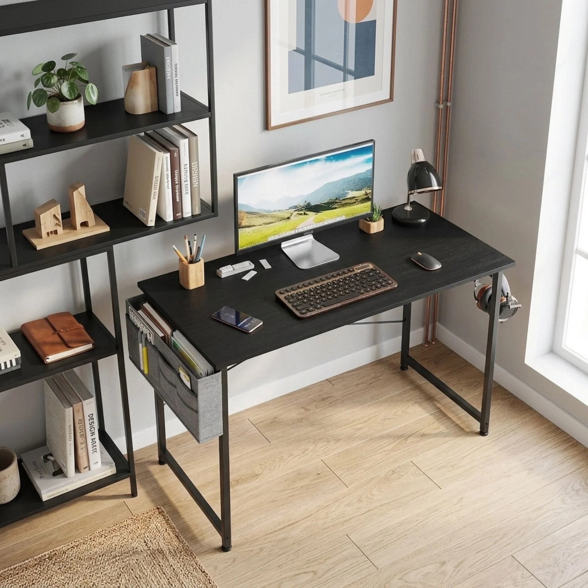 Cayden 100cm Computer Desk with Storage Bag - Black - Image 3