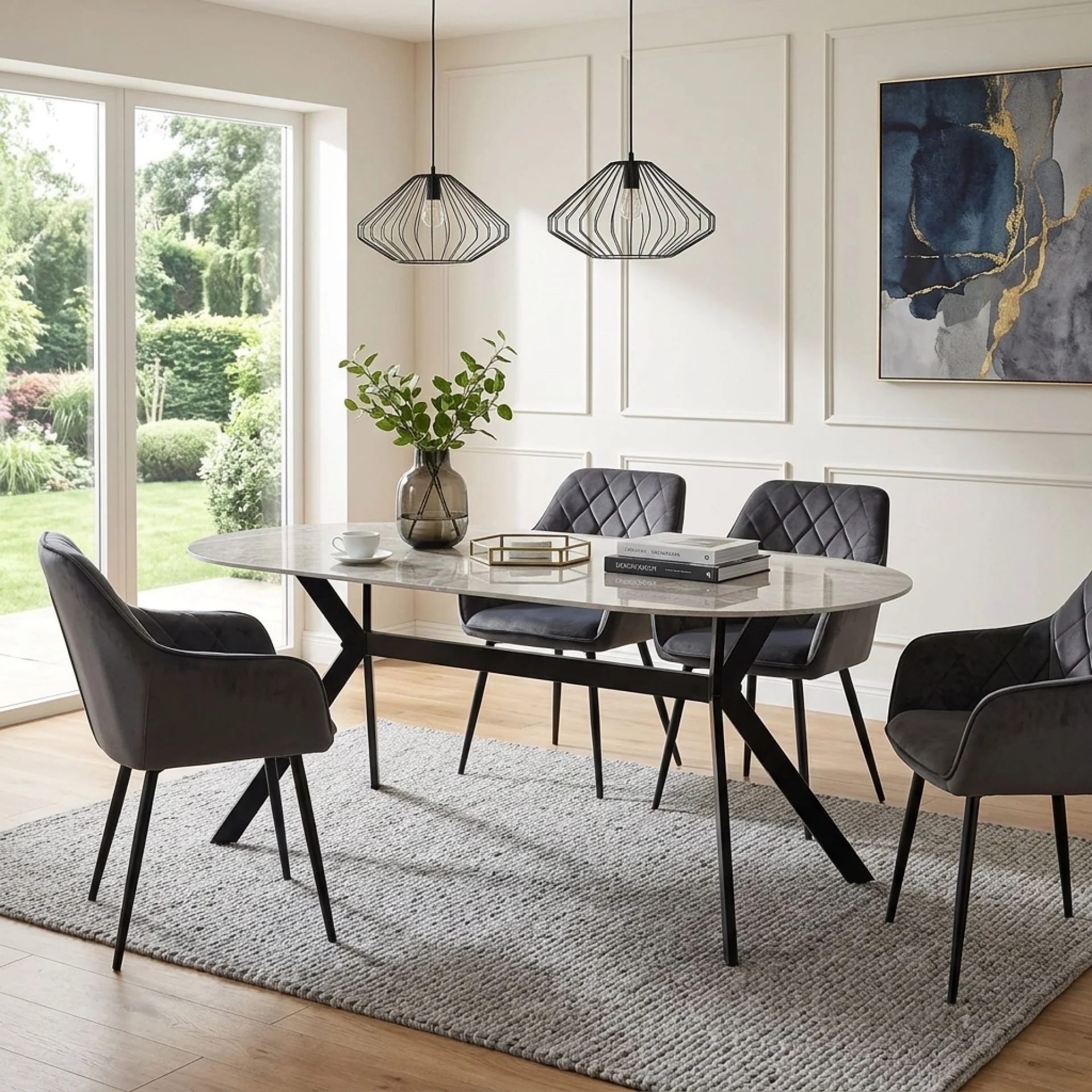 Cedar Gloss Ceramic Dining Table 180 x 90cm - Light Grey + Black - Image 6