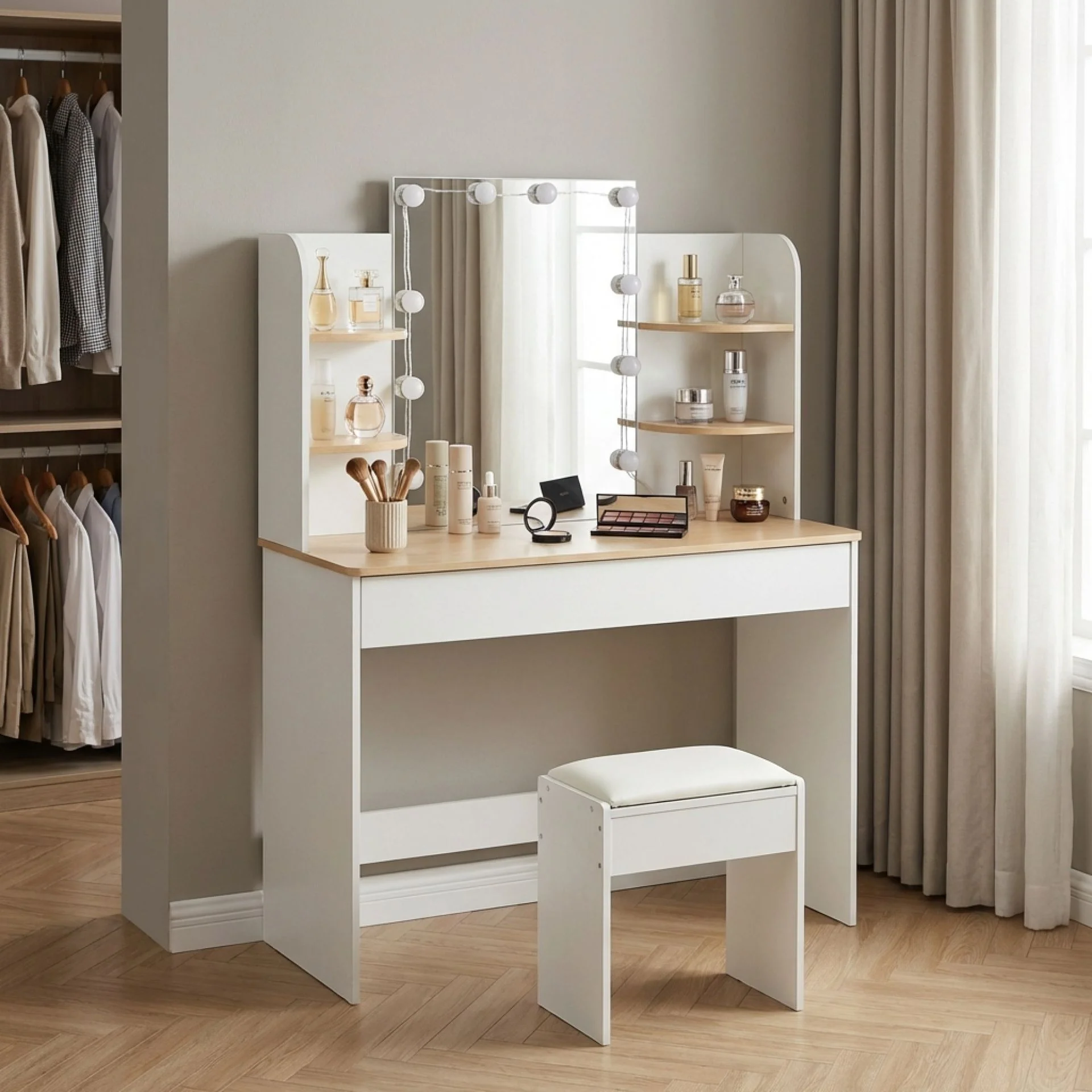 Celosia 2 Piece Dressing Table with Mirror & Stool Set - White + Natural