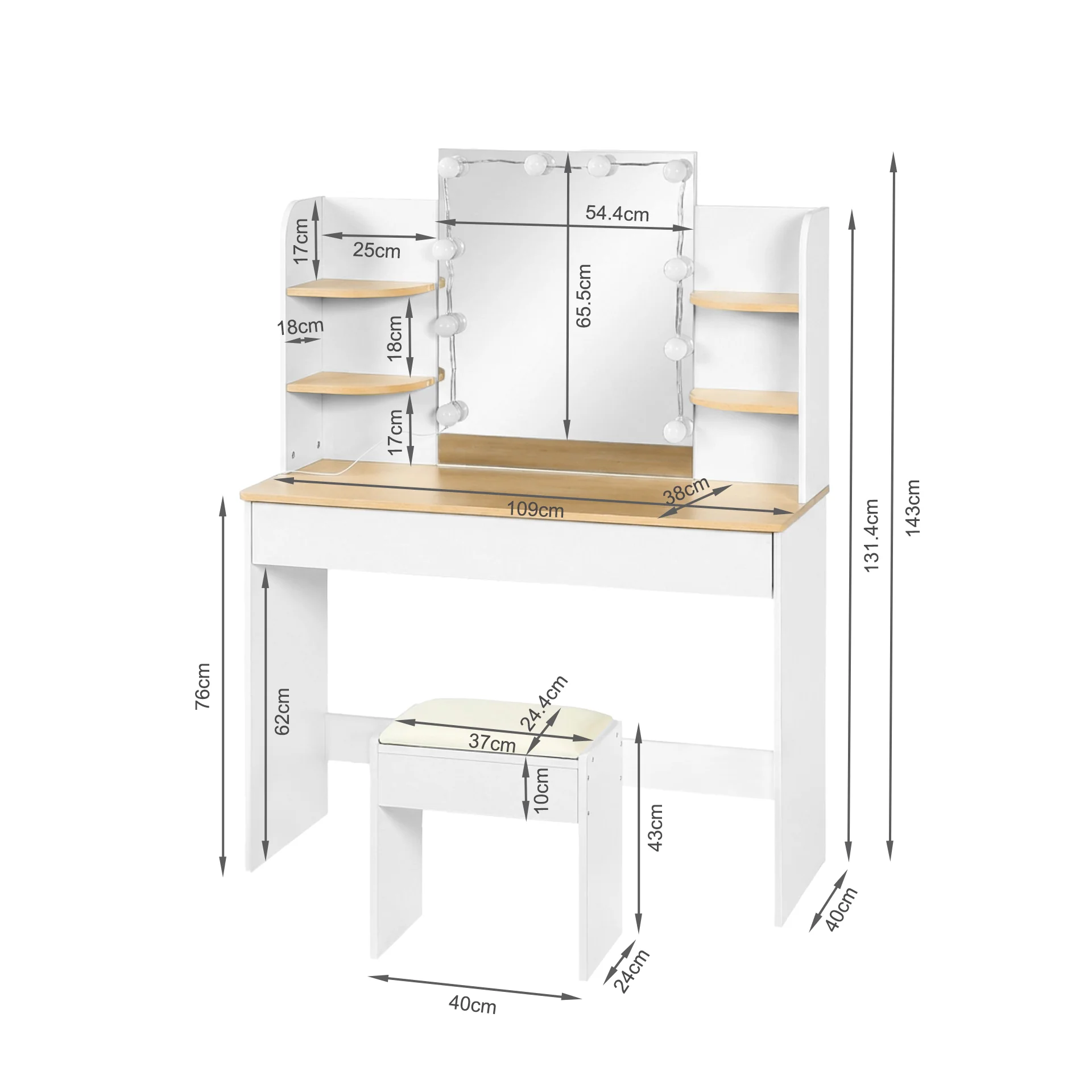 Celosia 2 Piece Dressing Table with Mirror & Stool Set - White + Natural - Image 10