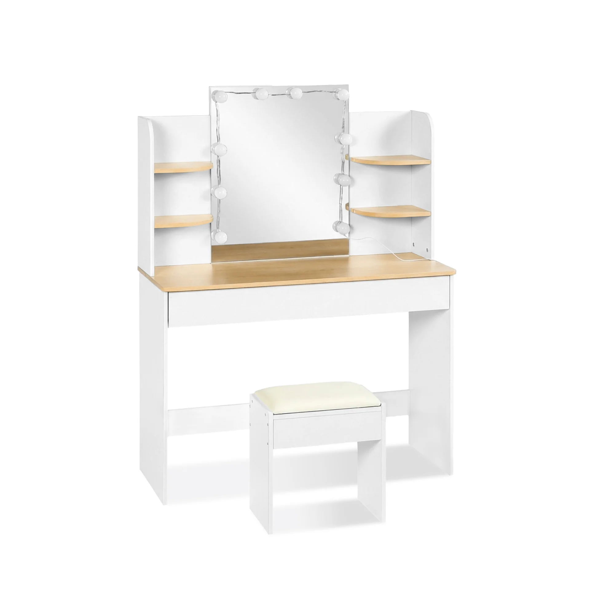 Celosia 2 Piece Dressing Table with Mirror & Stool Set - White + Natural - Image 5
