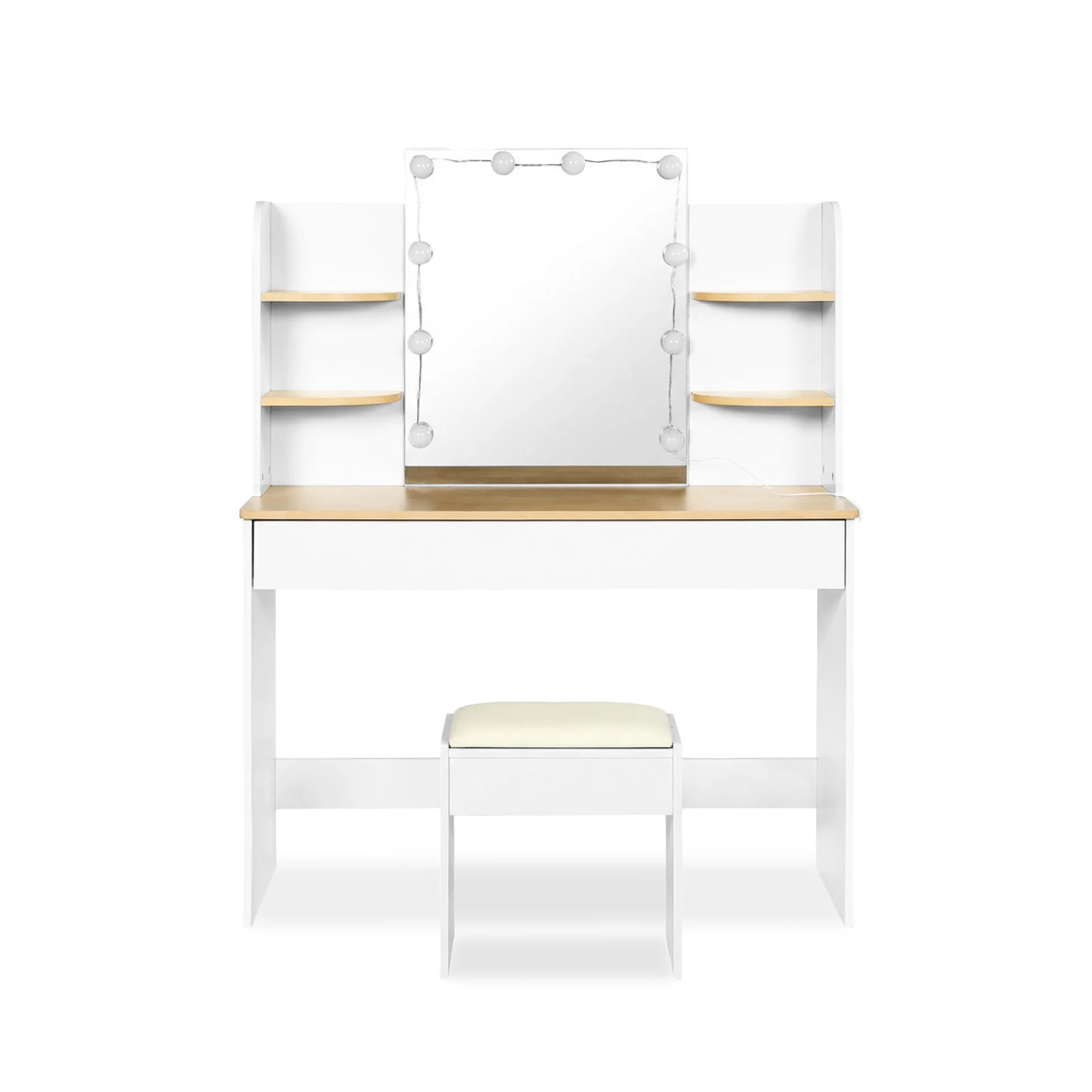 Celosia 2 Piece Dressing Table with Mirror & Stool Set - White + Natural - Image 6