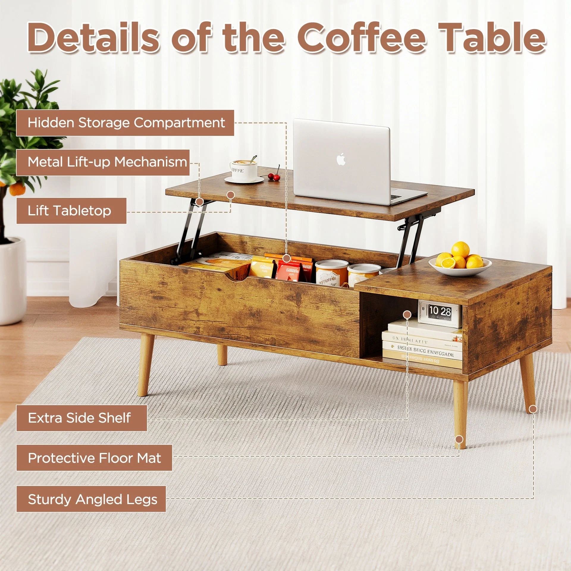 Chilwa Lift Top Coffee Table - Rustic Brown - Image 9