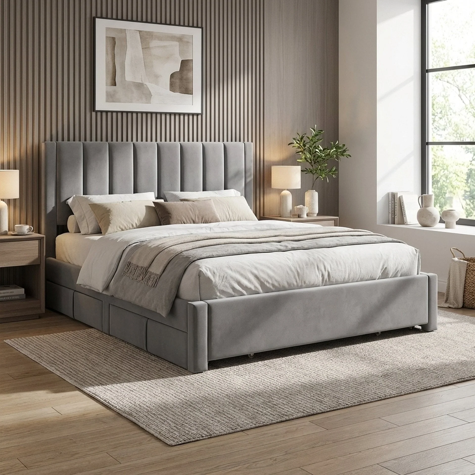 Columbia Super King Fabric Bed Frame with 4 Drawers - Grey