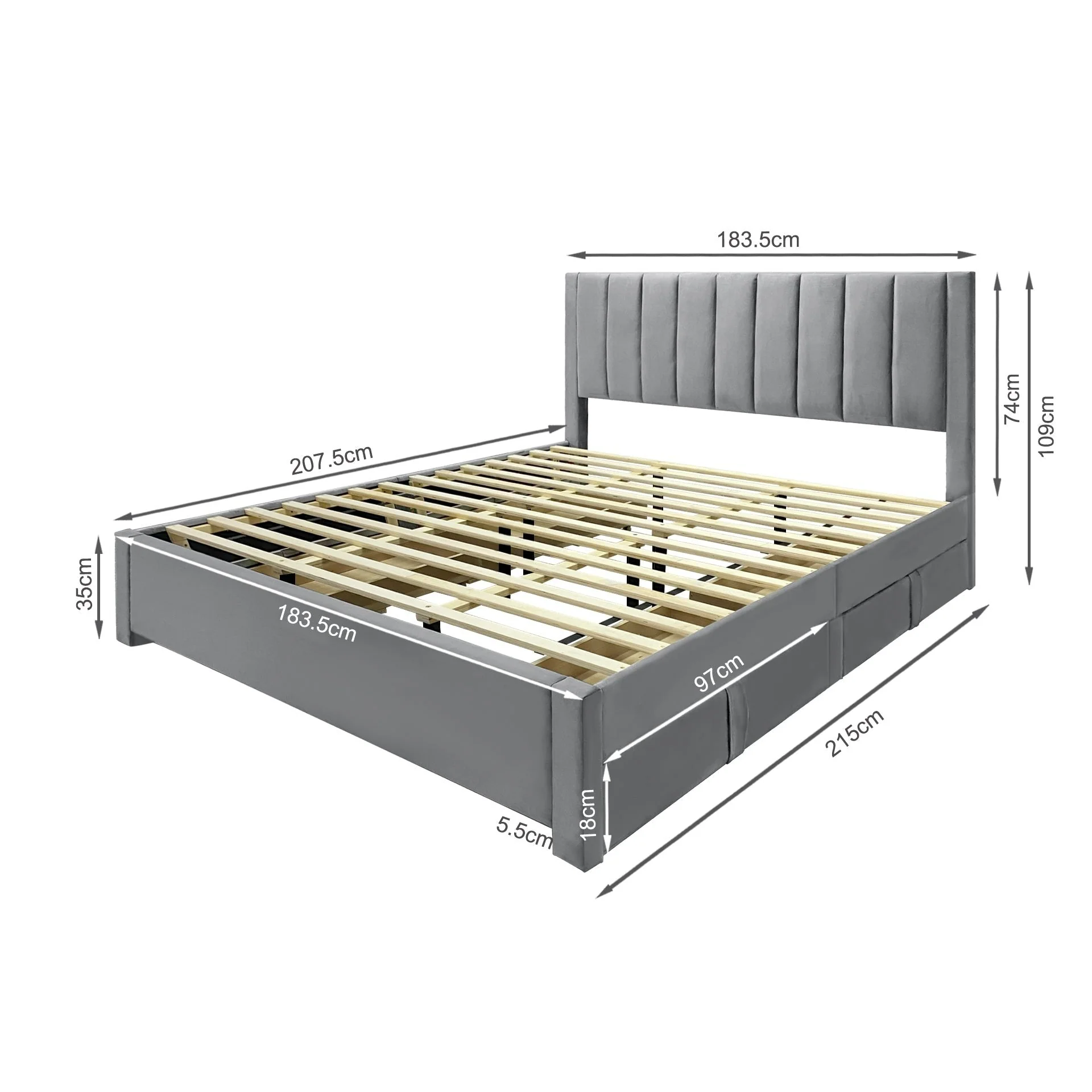 Columbia Super King Fabric Bed Frame with 4 Drawers - Grey - Image 11