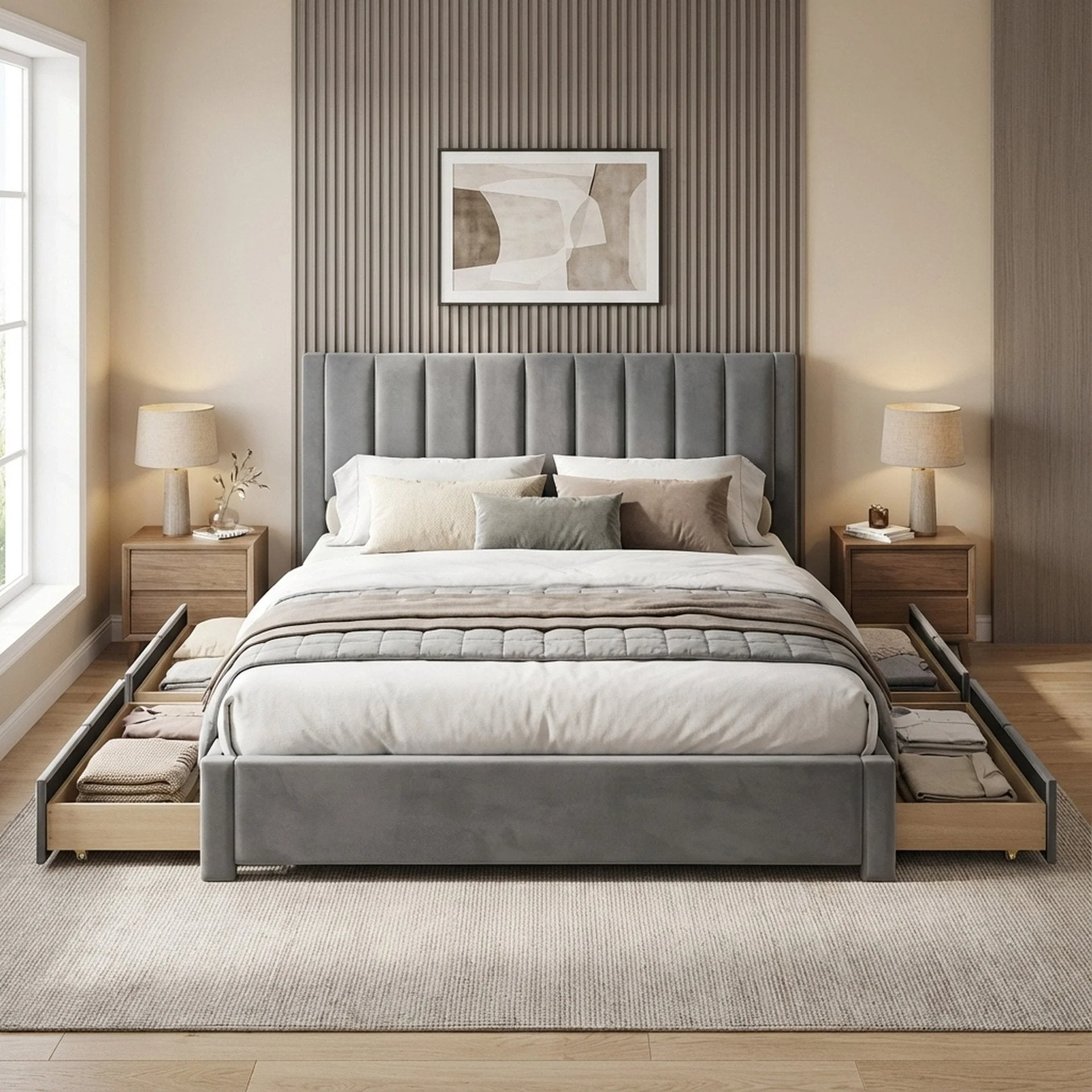 Columbia Super King Fabric Bed Frame with 4 Drawers - Grey - Image 3