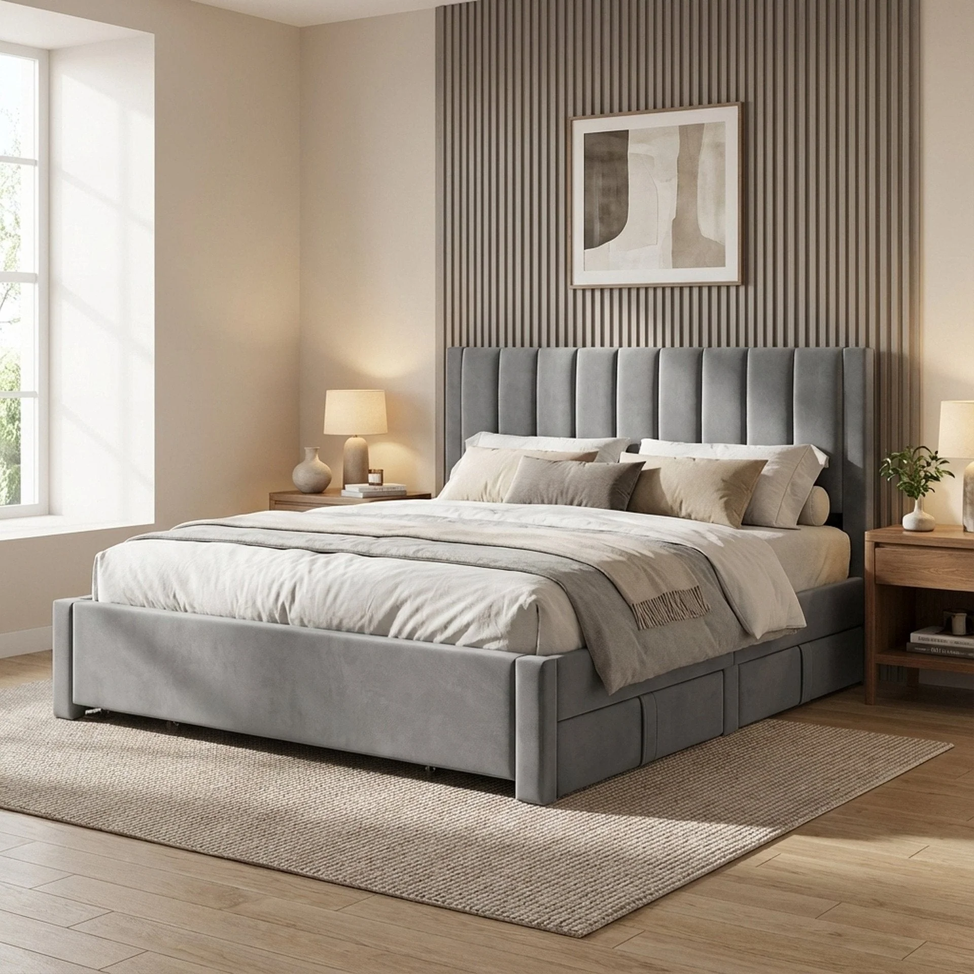 Columbia Super King Fabric Bed Frame with 4 Drawers - Grey - Image 4