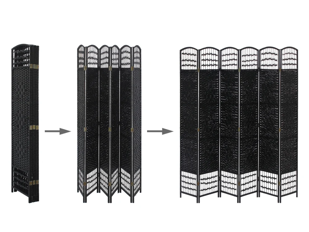 COONOOR 1.7M Rattan Room Divider Screen 6 Panels - BLACK - Image 3