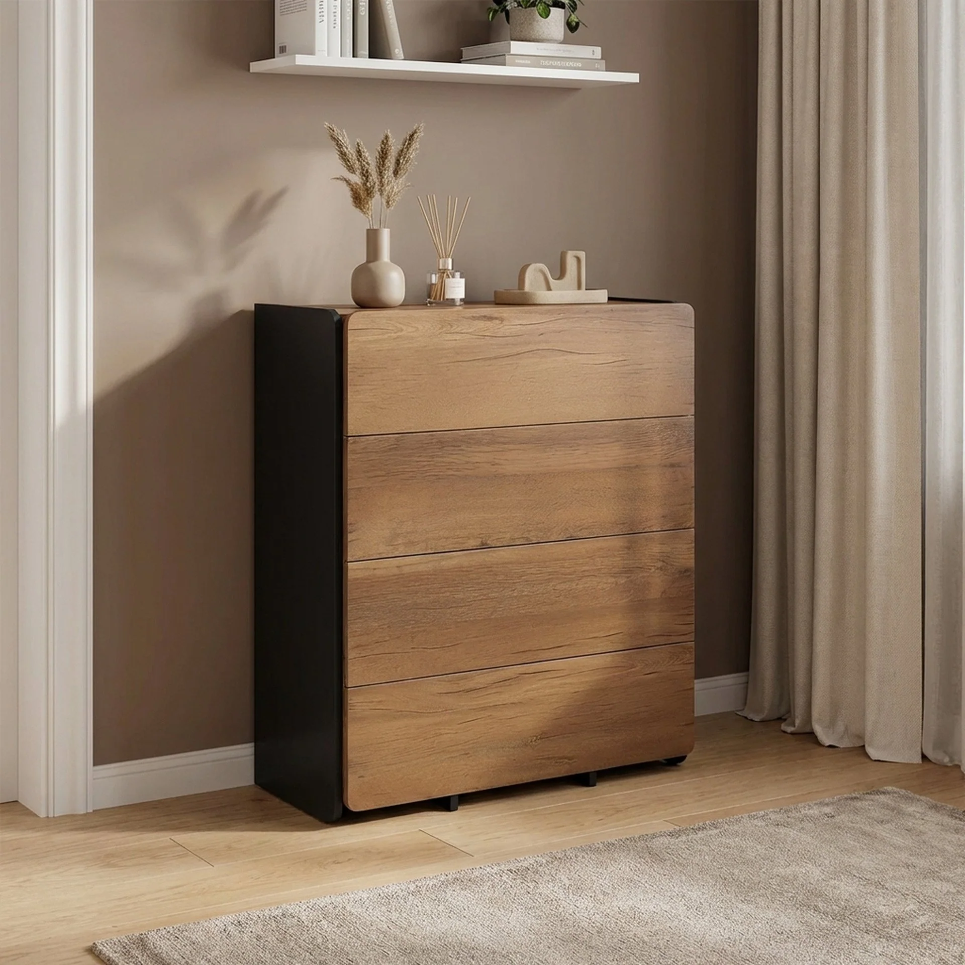 Dorian 4 Drawers Tallboy - Walnut + Black