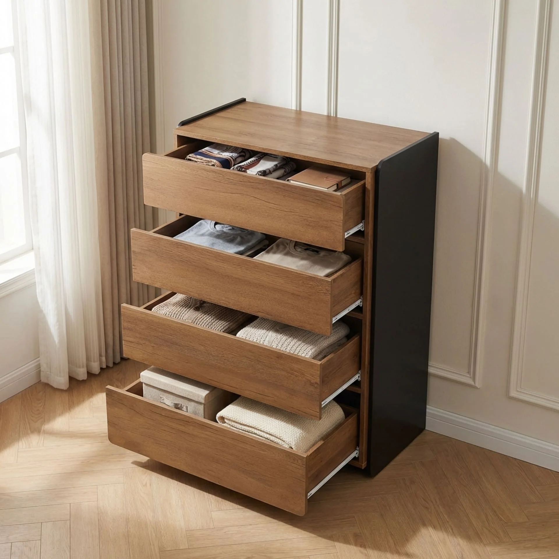 Dorian 4 Drawers Tallboy - Walnut + Black - Image 2