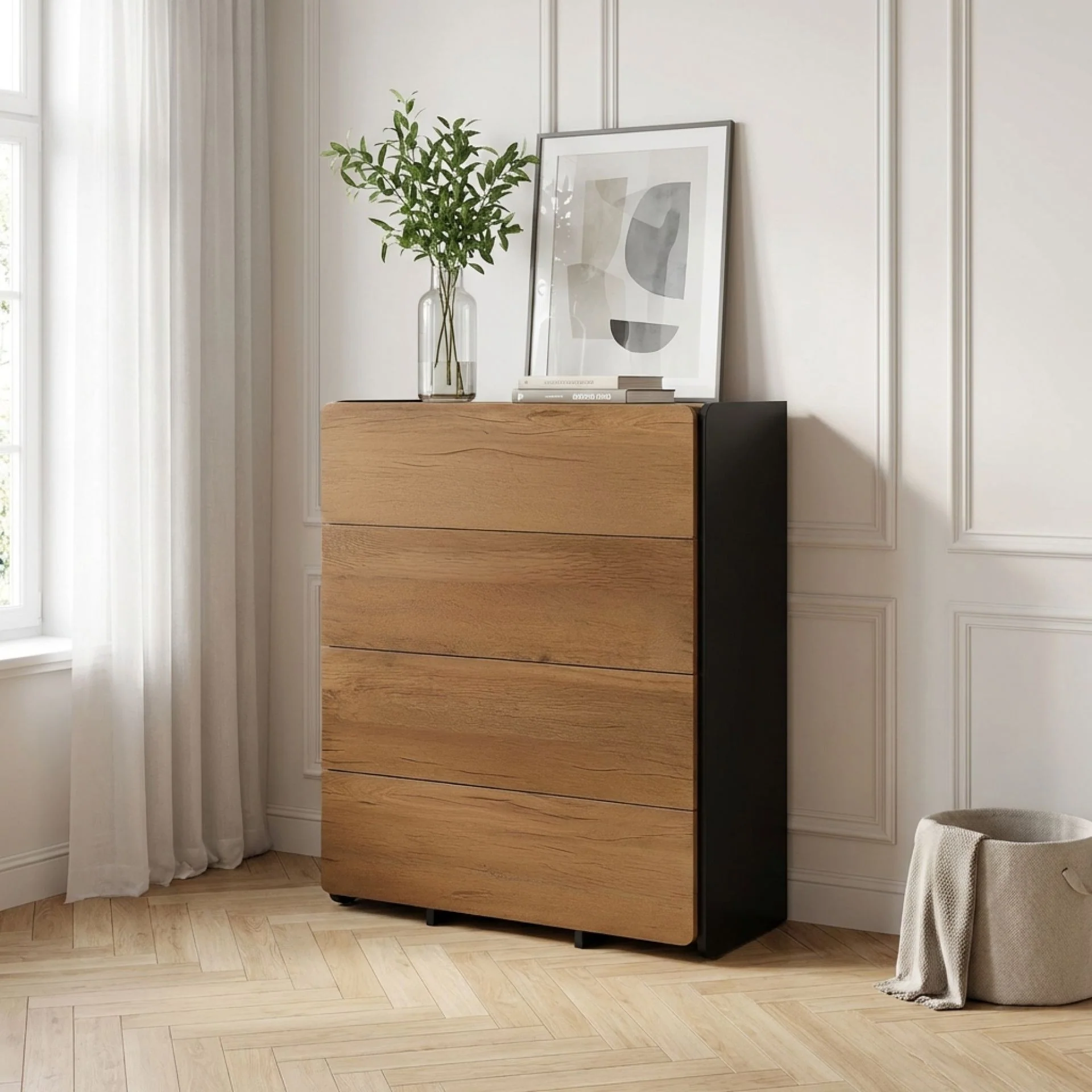 Dorian 4 Drawers Tallboy - Walnut + Black - Image 3