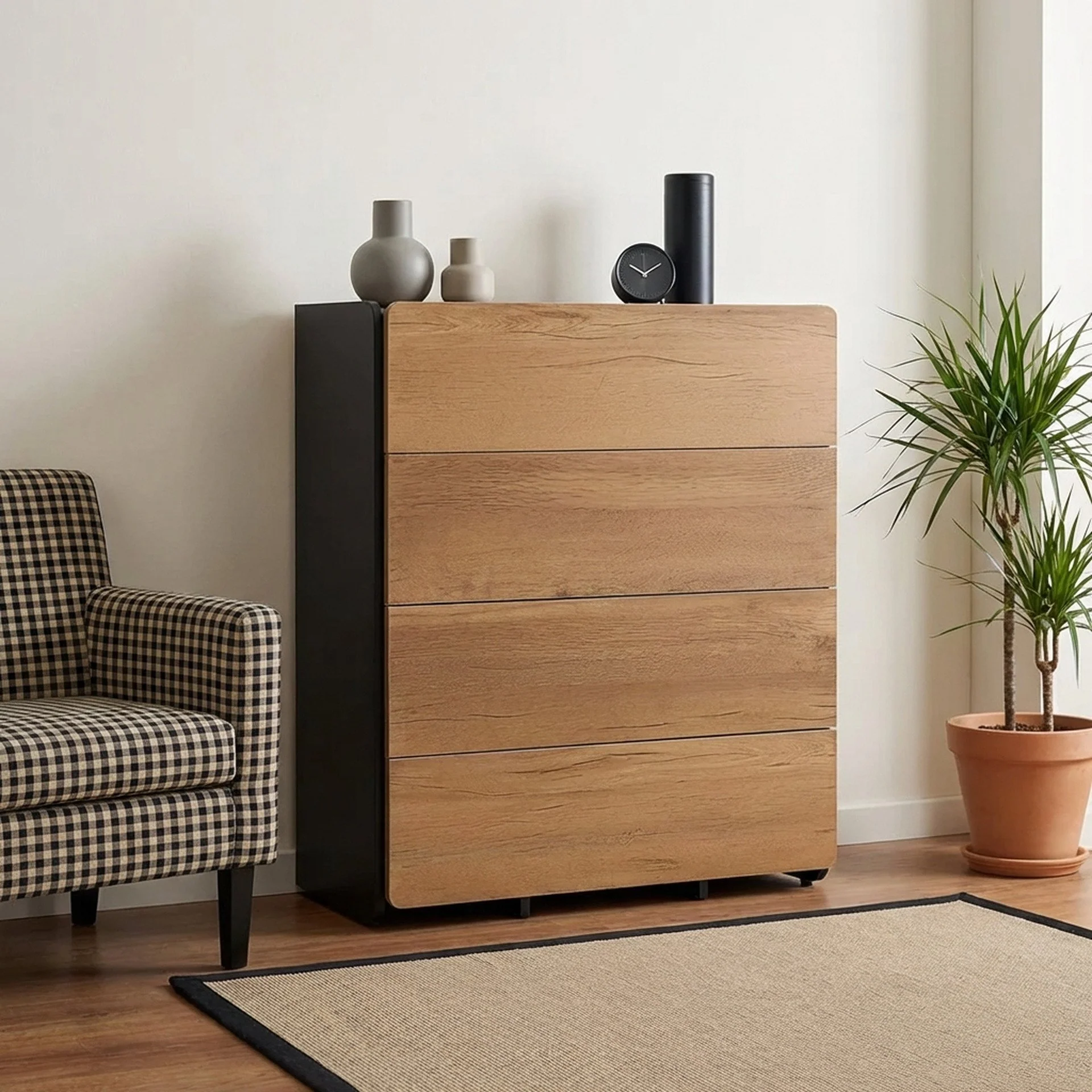 Dorian 4 Drawers Tallboy - Walnut + Black - Image 4
