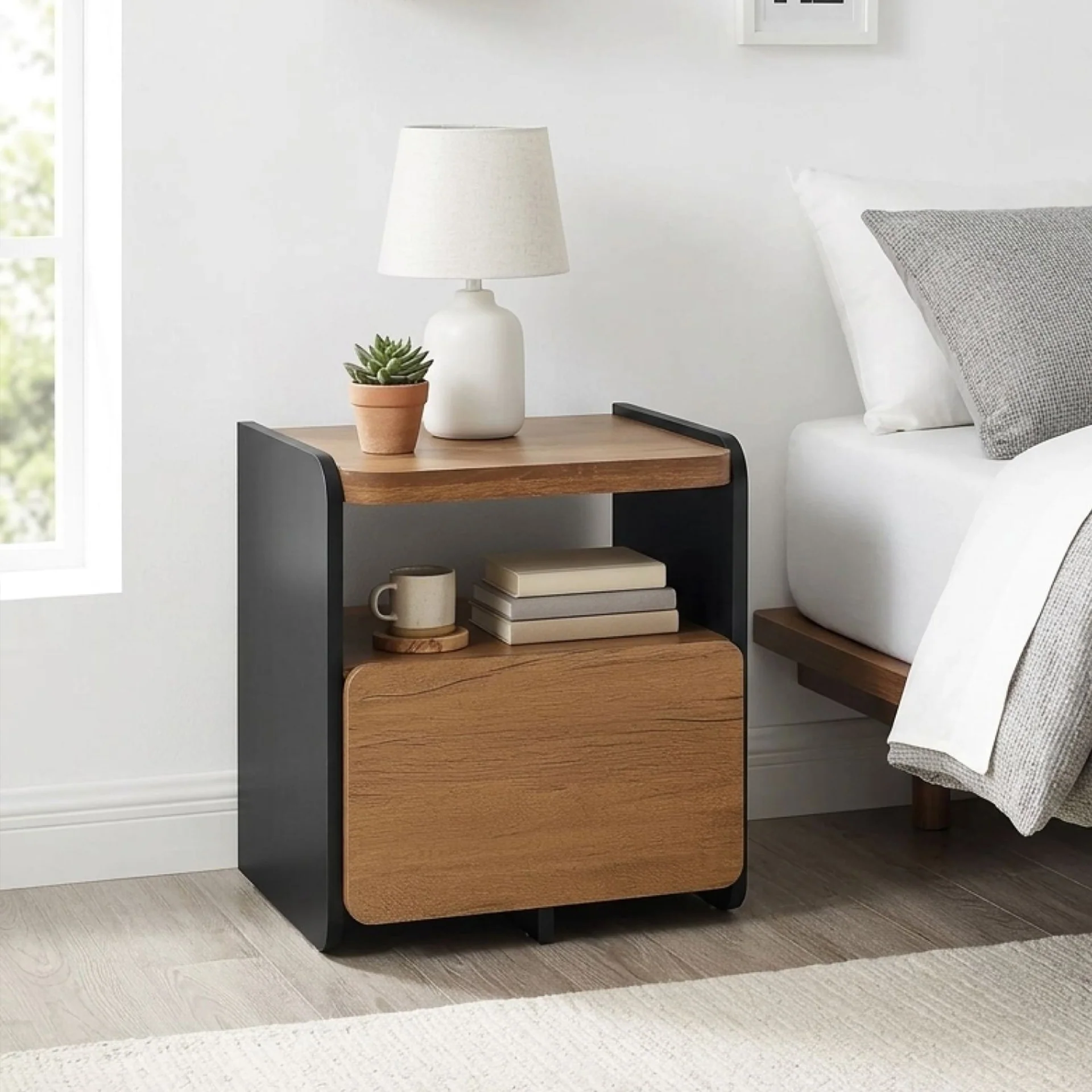 Dorian Bedside Table - Walnut + Black