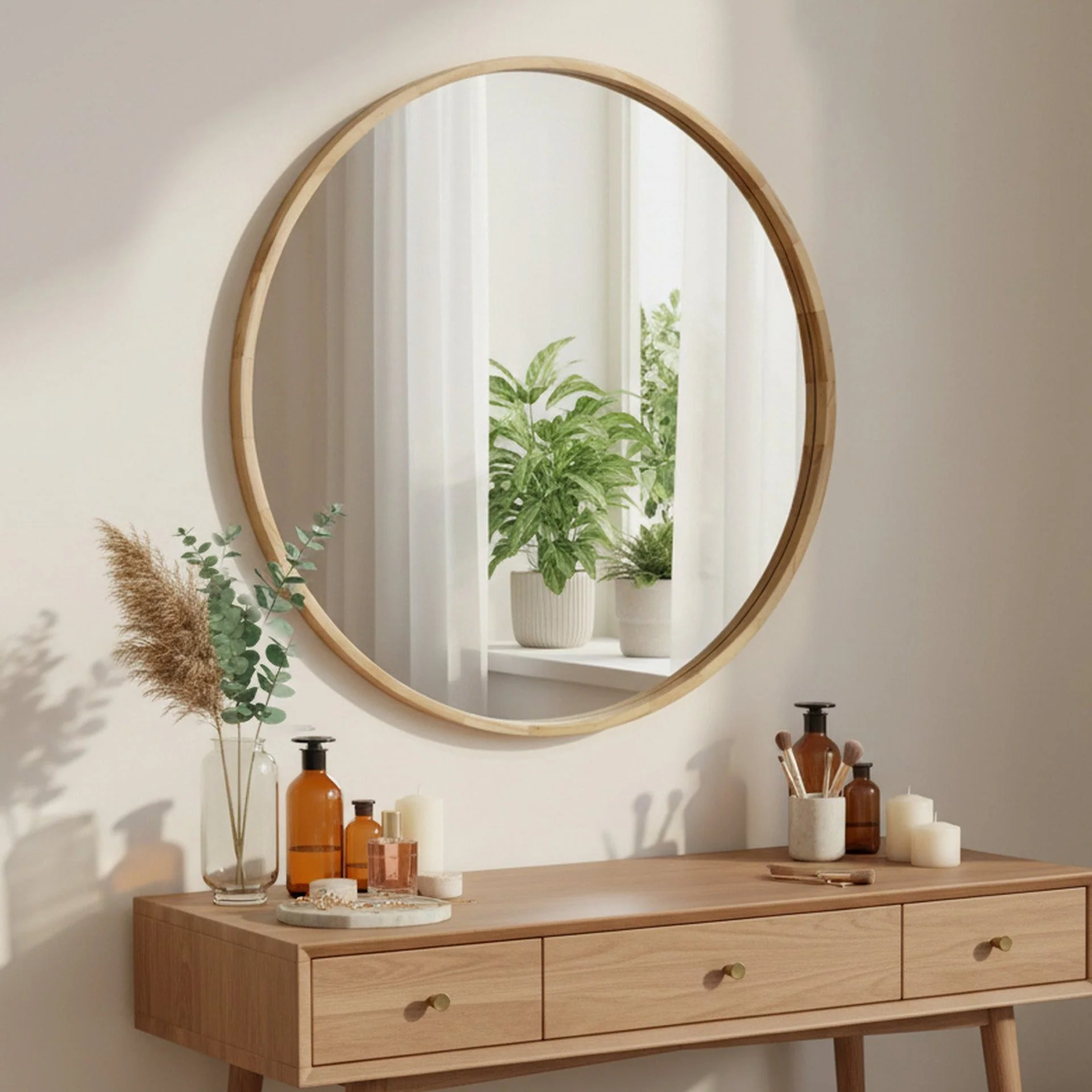 Echo Round Wooden Framed Wall Mirror 120cm - Light Wood - Image 2