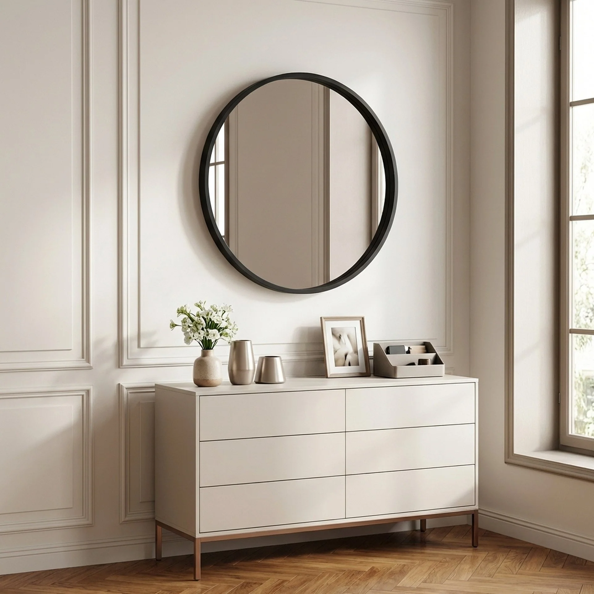 Echo Round Wooden Framed Wall Mirror 80cm - Black