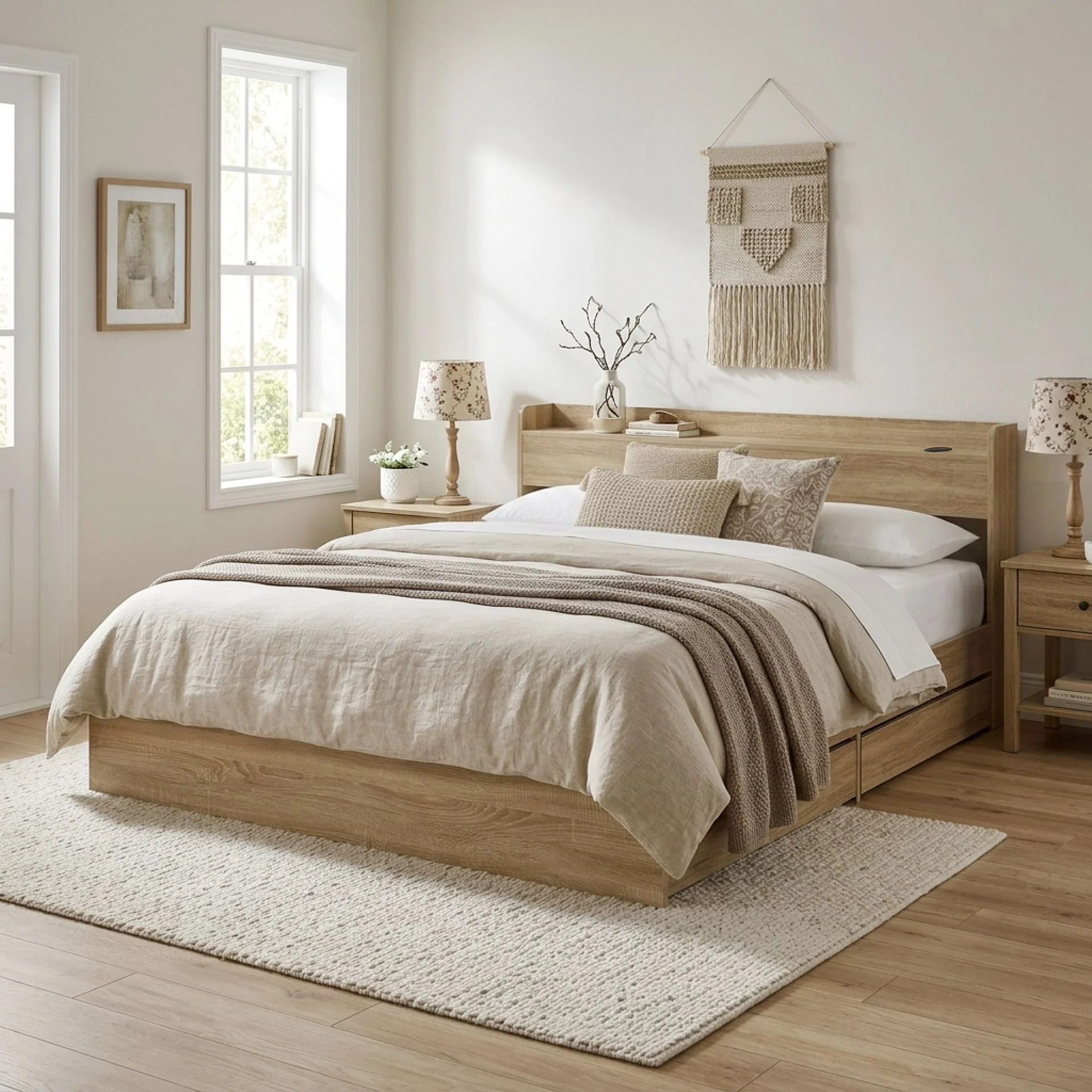 Elda Super King Bed Frame with USB Port & Drawers - Natural