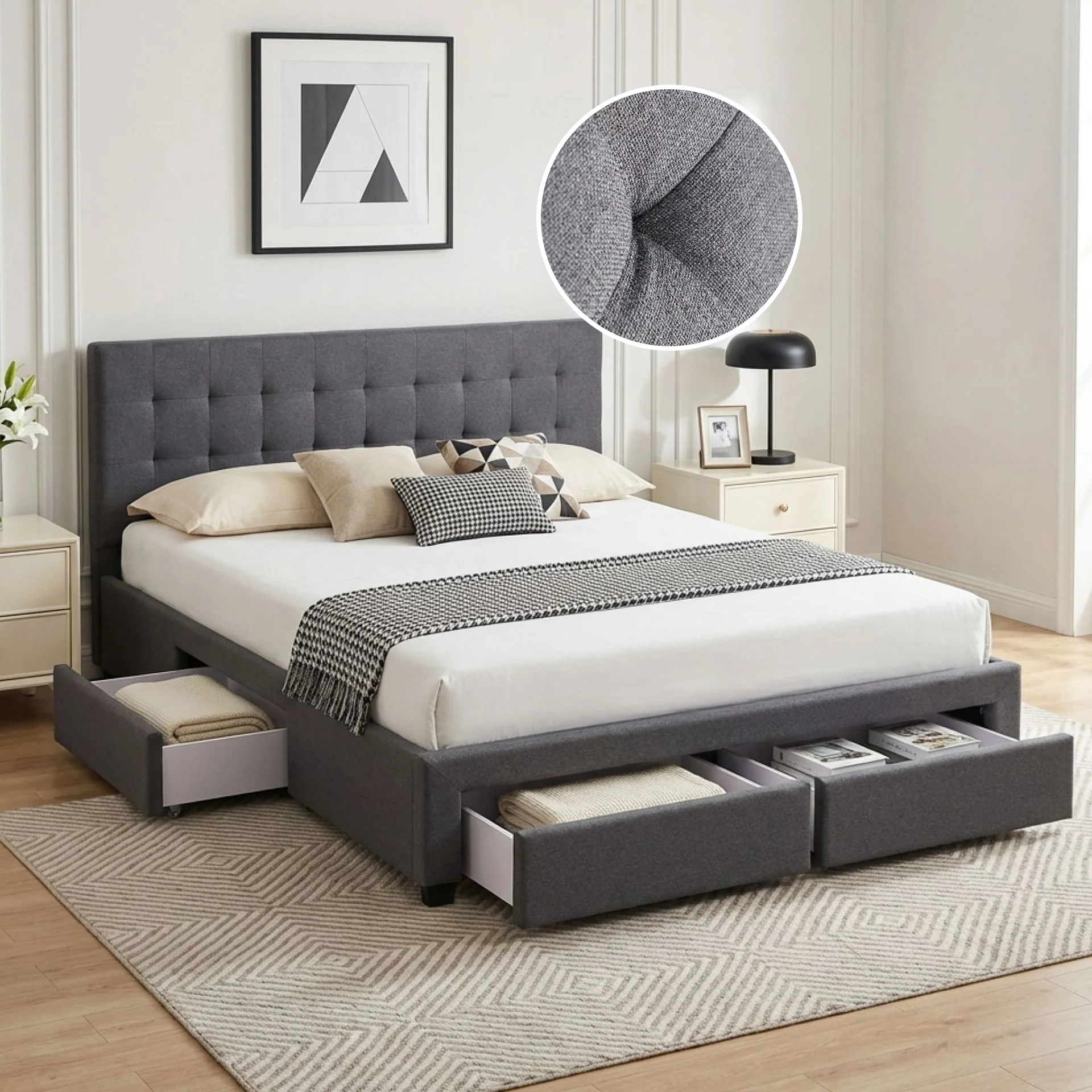 Eleanor Queen Bed Frame with 4 Drawers - Dark Grey - Image 2