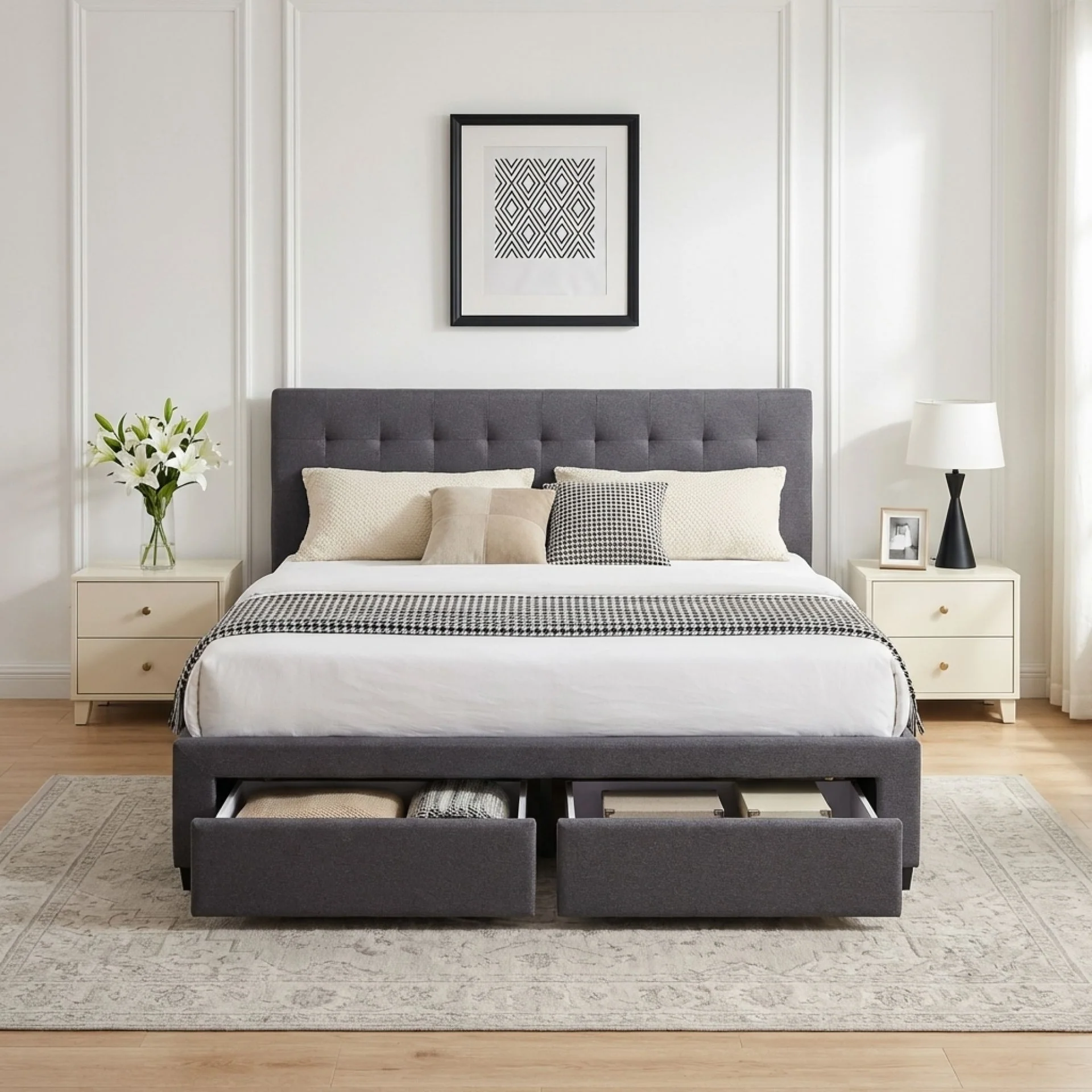 Eleanor Queen Bed Frame with 4 Drawers - Dark Grey - Image 5