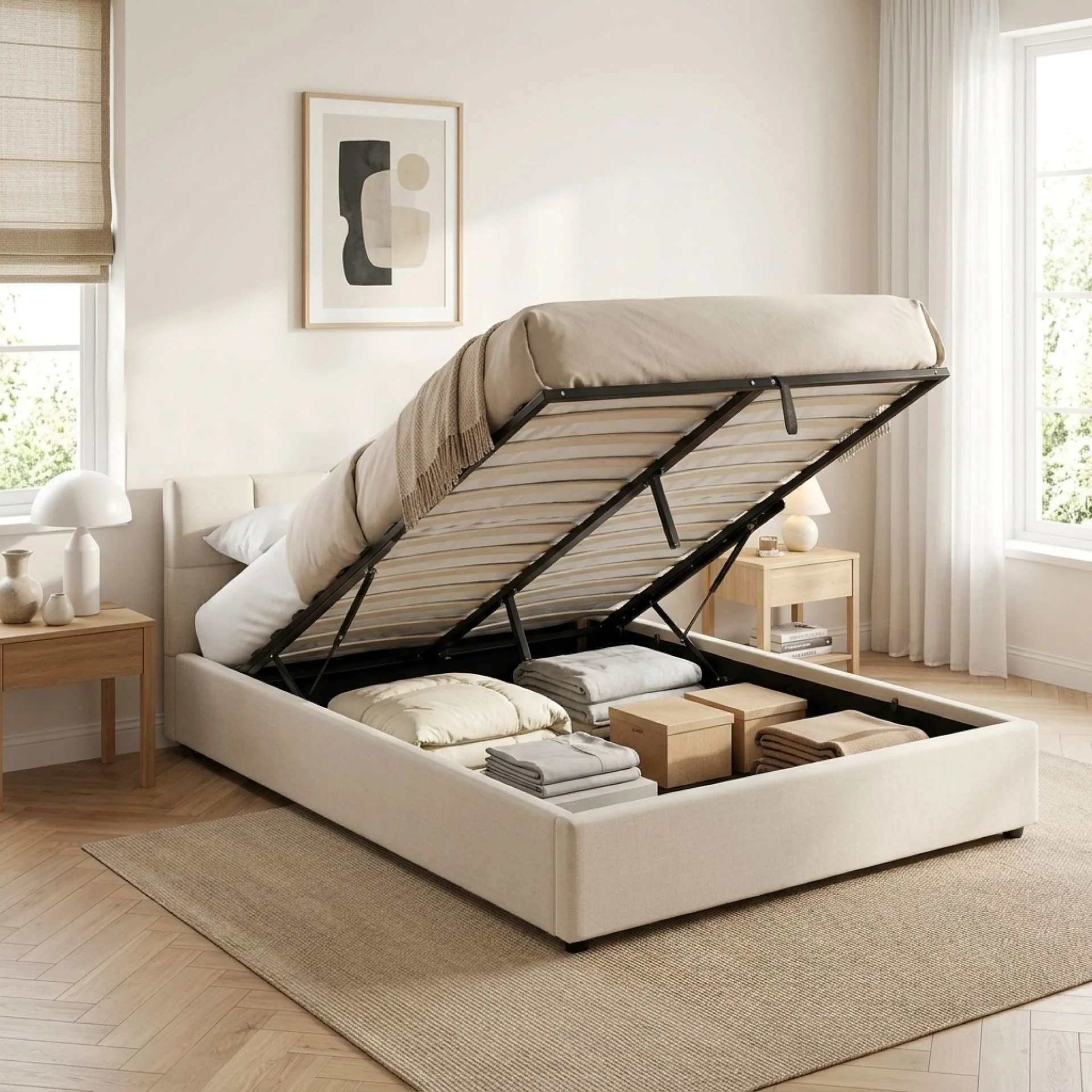 Elizabeth Queen Gas Lift Bed Frame - Beige - Image 3