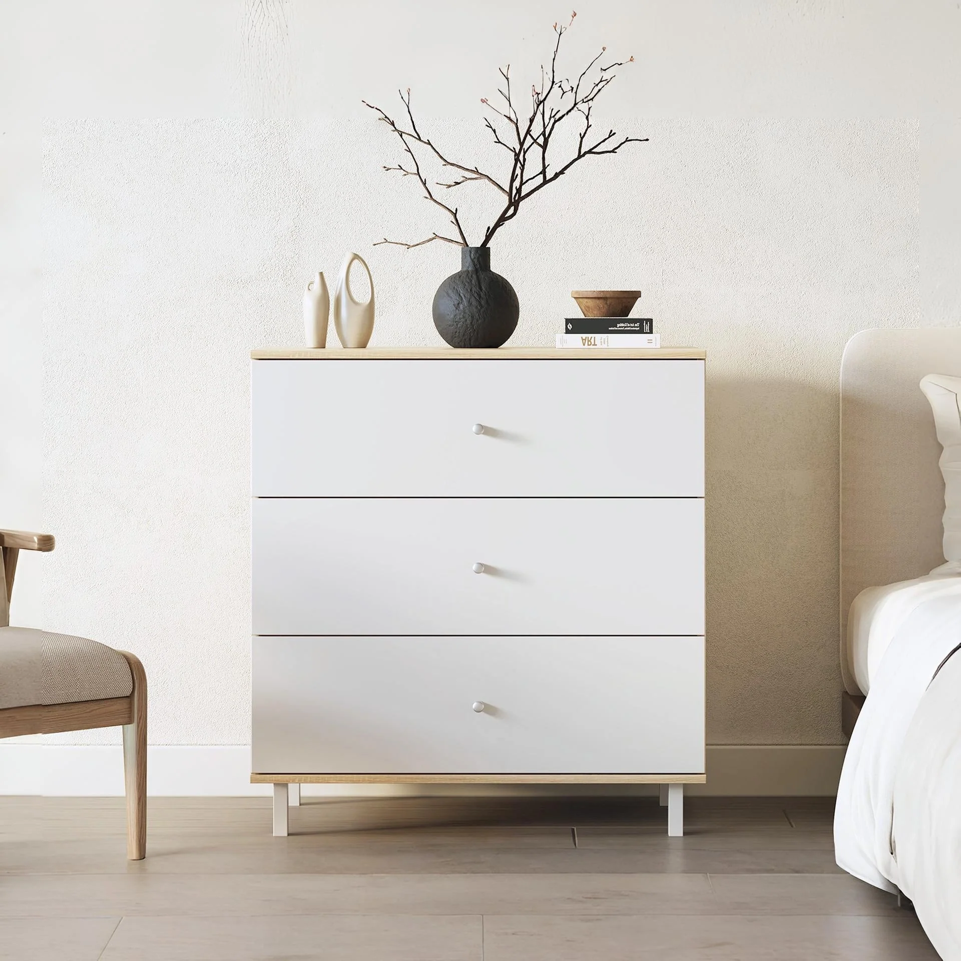 Ellis 3 Drawers Tallboy - Oak + White - Image 2