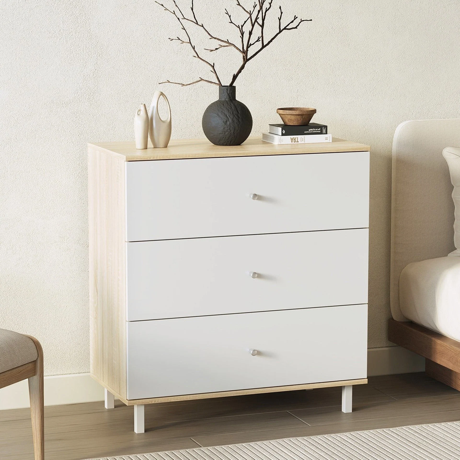 Ellis 3 Drawers Tallboy - Oak + White - Image 3