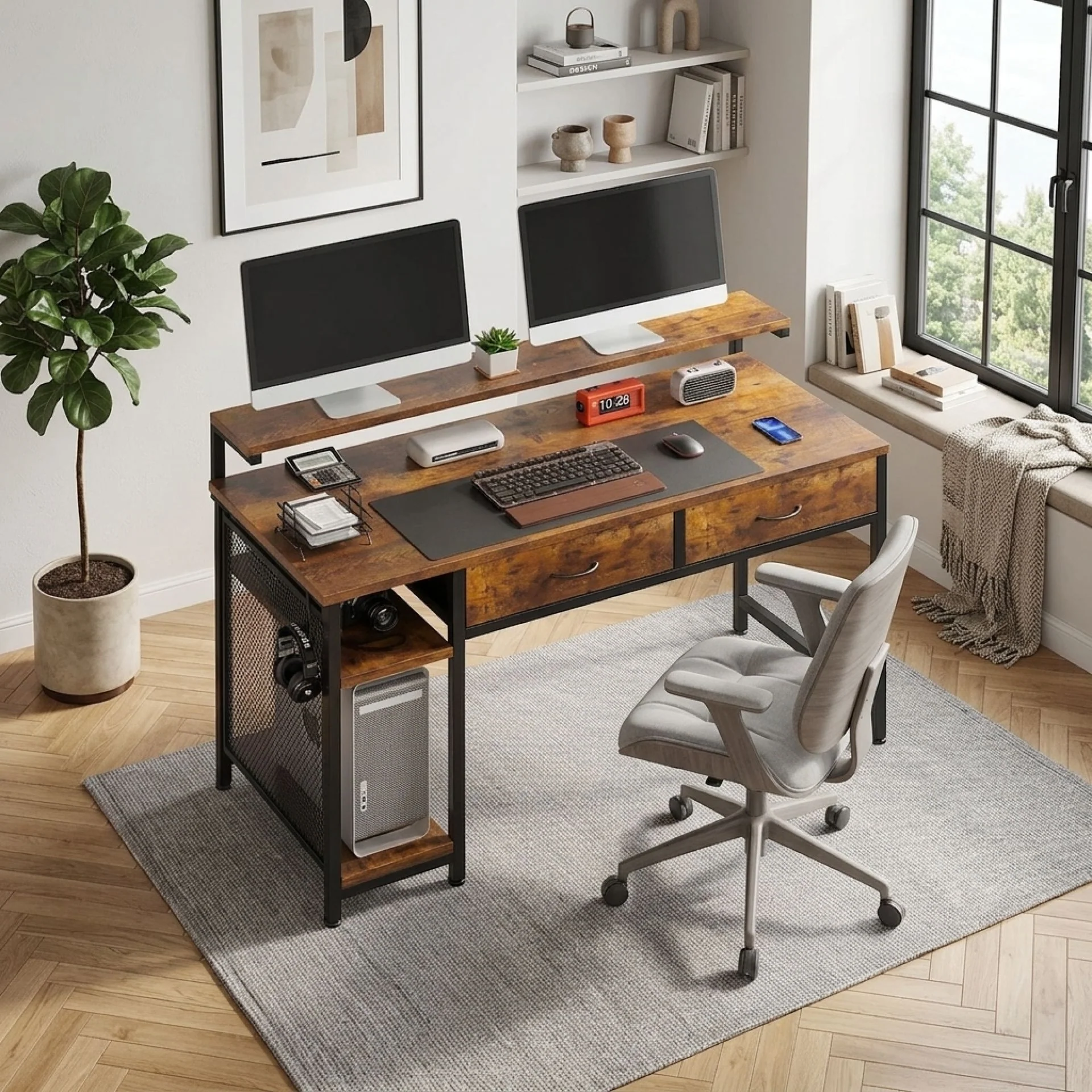 Emilio 120cm Computer Desk with 2 Drawers - Rustic Brown