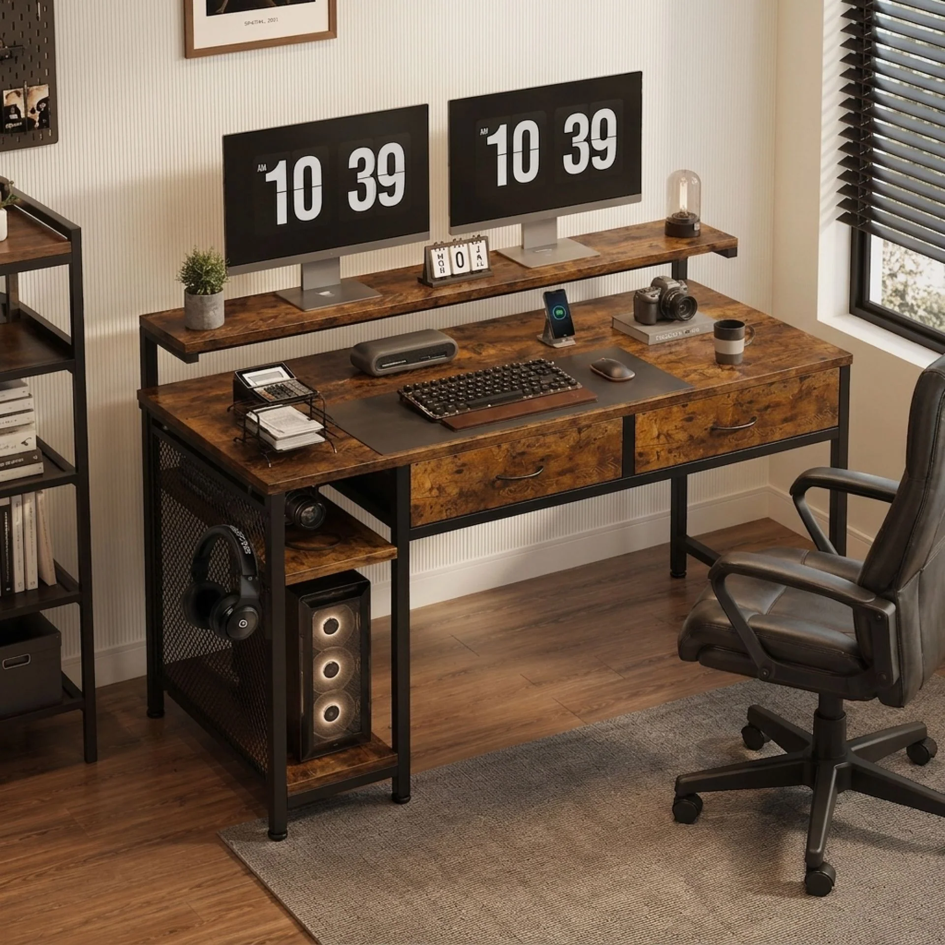 Emilio 120cm Computer Desk with 2 Drawers - Rustic Brown - Image 3