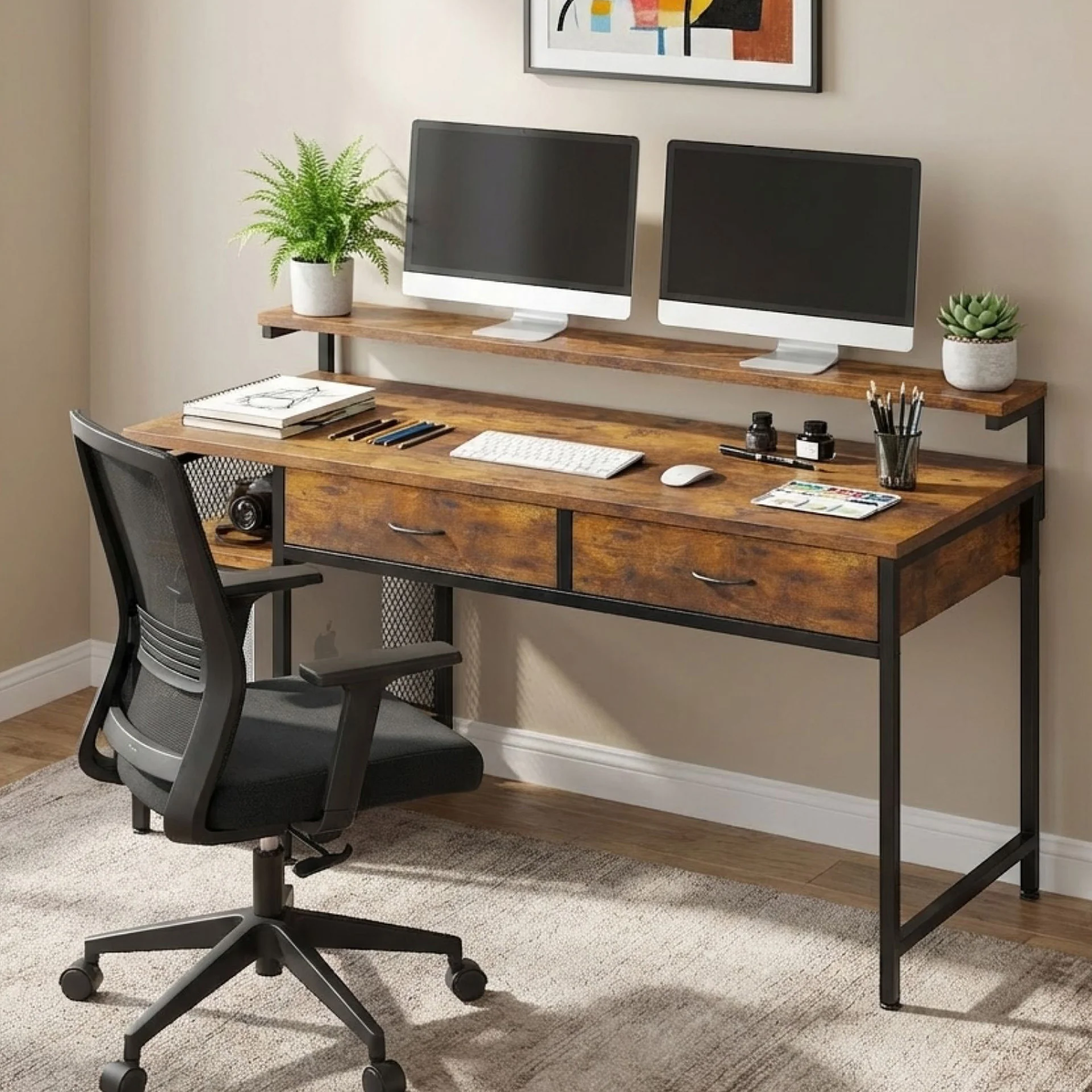 Emilio 138cm Computer Desk with 2 Drawers - Rustic Brown
